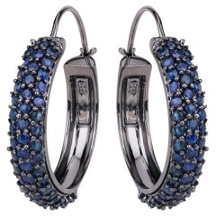 Blue Sapphire Cluster Hoop Earrings 4.6 Carats Black Rhodium Plated Silver