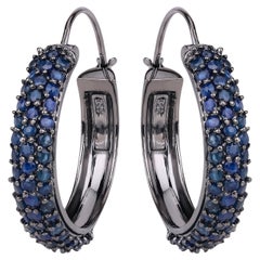 Blue Sapphire Cluster Hoop Earrings 4.6 Carats Black Rhodium Plated Silver
