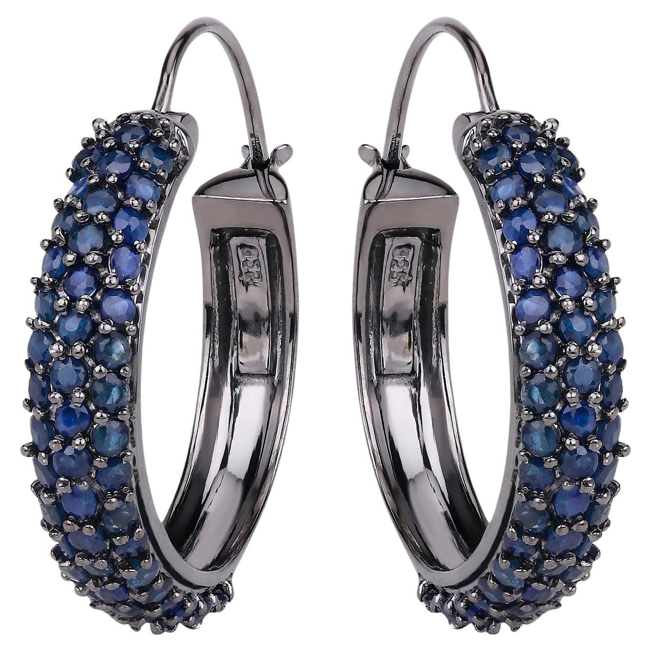 Blue Sapphire Cluster Hoop Earrings 4.6 Carats Black Rhodium Plated Silver For Sale