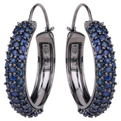 Blue Sapphire Cluster Hoop Earrings 4.6 Carats Black Rhodium Plated Silver