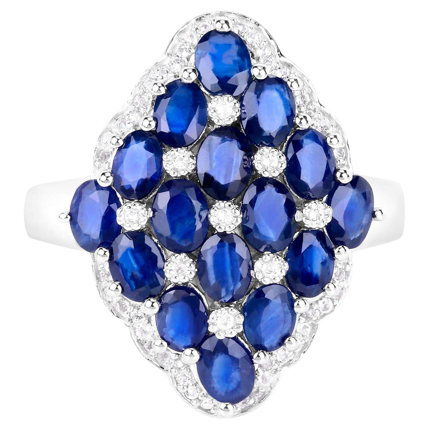 Blue Sapphire Cluster Ring White Zircon 3.49 Carats For Sale