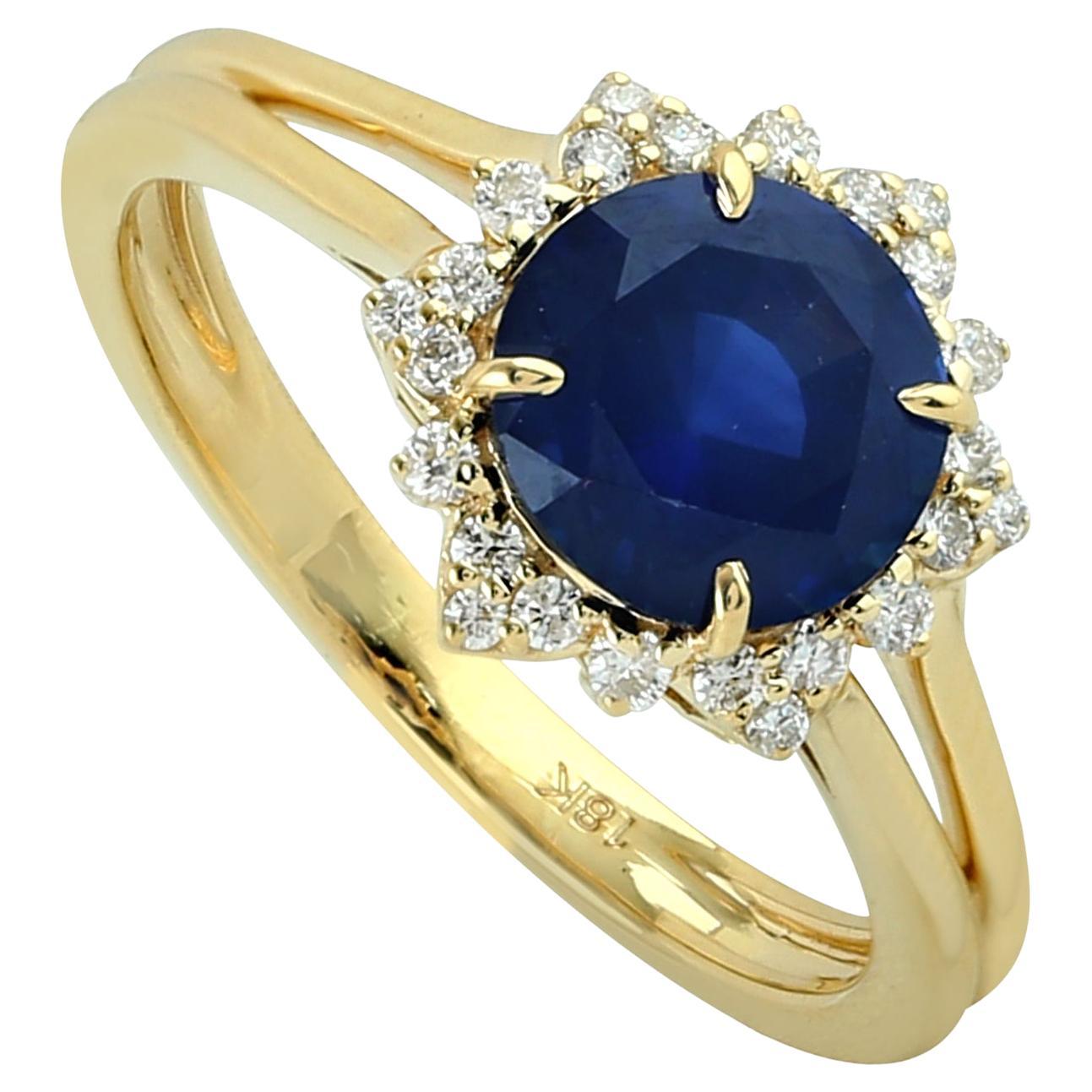 Blue Sapphire Cocktail Ring Accented With Diamonds Made In 18K Yellow Gold
