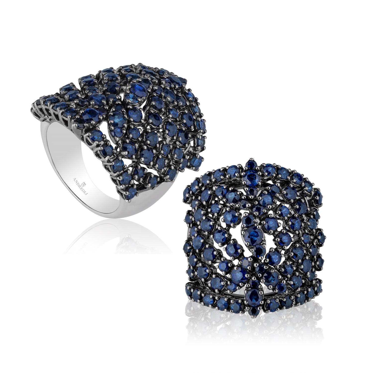 Cocktailring Andreoli aus 18 Karat Weißgold mit blauem Saphir (Rundschliff) im Angebot