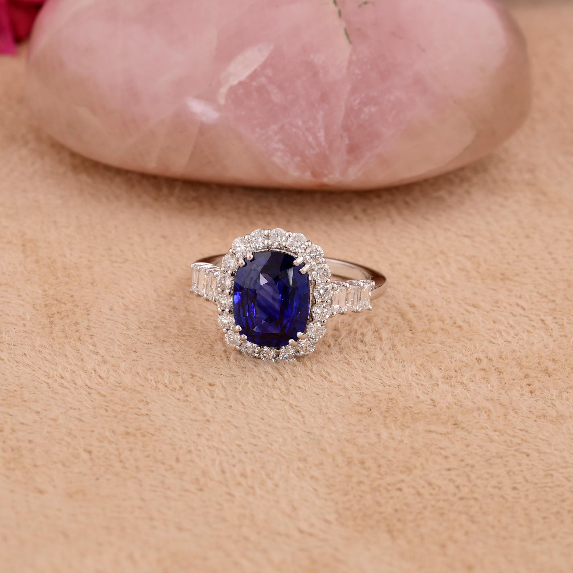 Modern Blue Sapphire Cocktail Ring Diamond 14 Karat White Gold Handmade Fine Jewelry For Sale