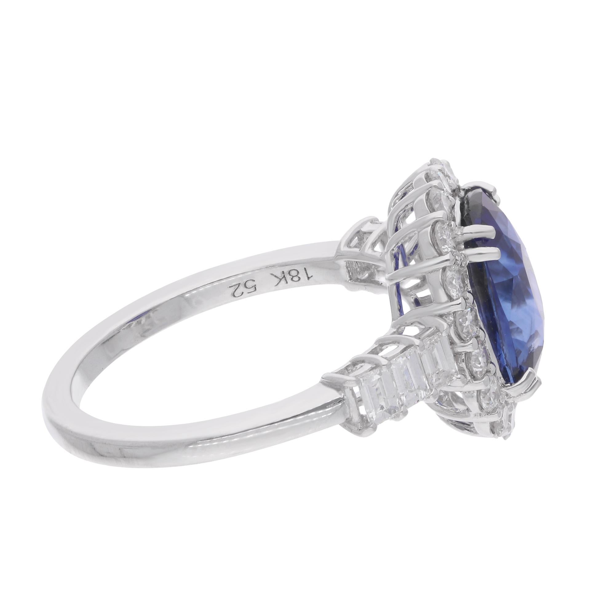 Oval Cut Blue Sapphire Cocktail Ring Diamond 14 Karat White Gold Handmade Fine Jewelry For Sale