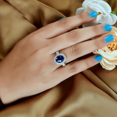 Spectrum 18K White Gold Natural Blue Sapphire and Diamond Halo Statement Ring