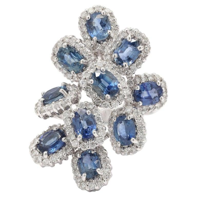 En vente :  Bague cocktail en or blanc 14 carats avec saphir bleu et diamants 8