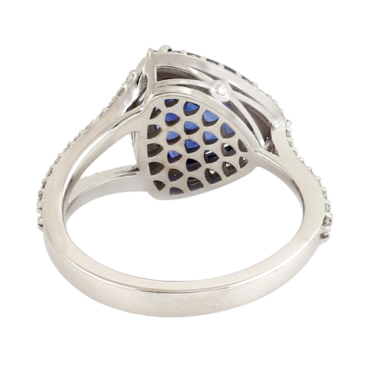 Art Deco Blue Sapphire Cocktail Ring With Diamonds Made in 18k White Gold For Sale