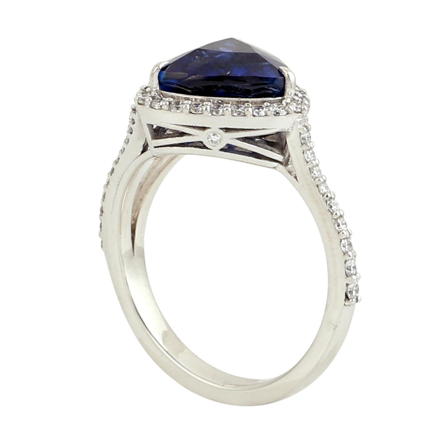 Mixed Cut Blue Sapphire Cocktail Ring With Diamonds Made in 18k White Gold For Sale