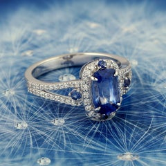 Blue Sapphire Cocktail Ring With Pave Diamonds Made In 18k White Gold
