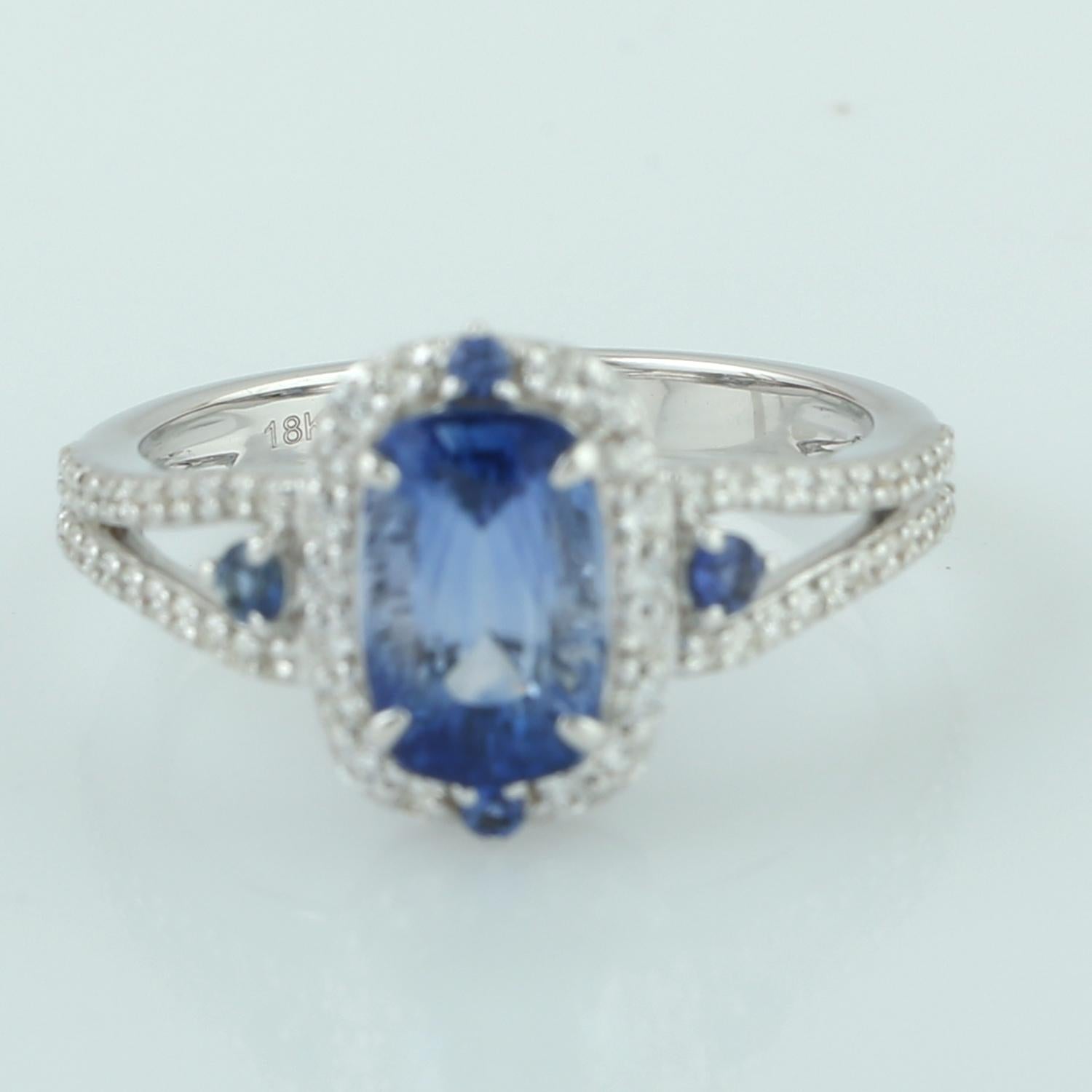 Art Deco Blue Sapphire Cocktail Ring With Pave Diamonds Made In 18k White Gold For Sale