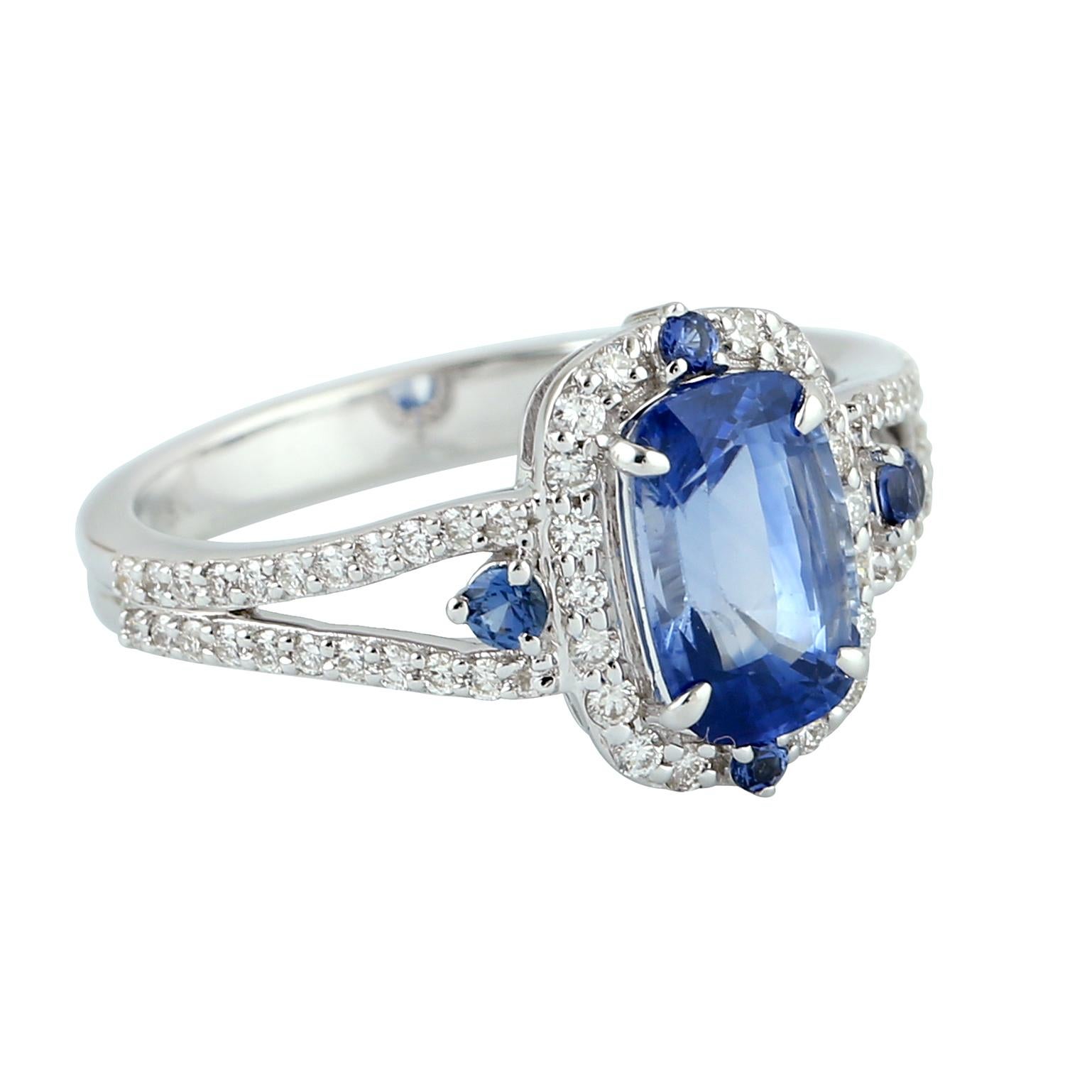 Mixed Cut Blue Sapphire Cocktail Ring With Pave Diamonds Made In 18k White Gold For Sale