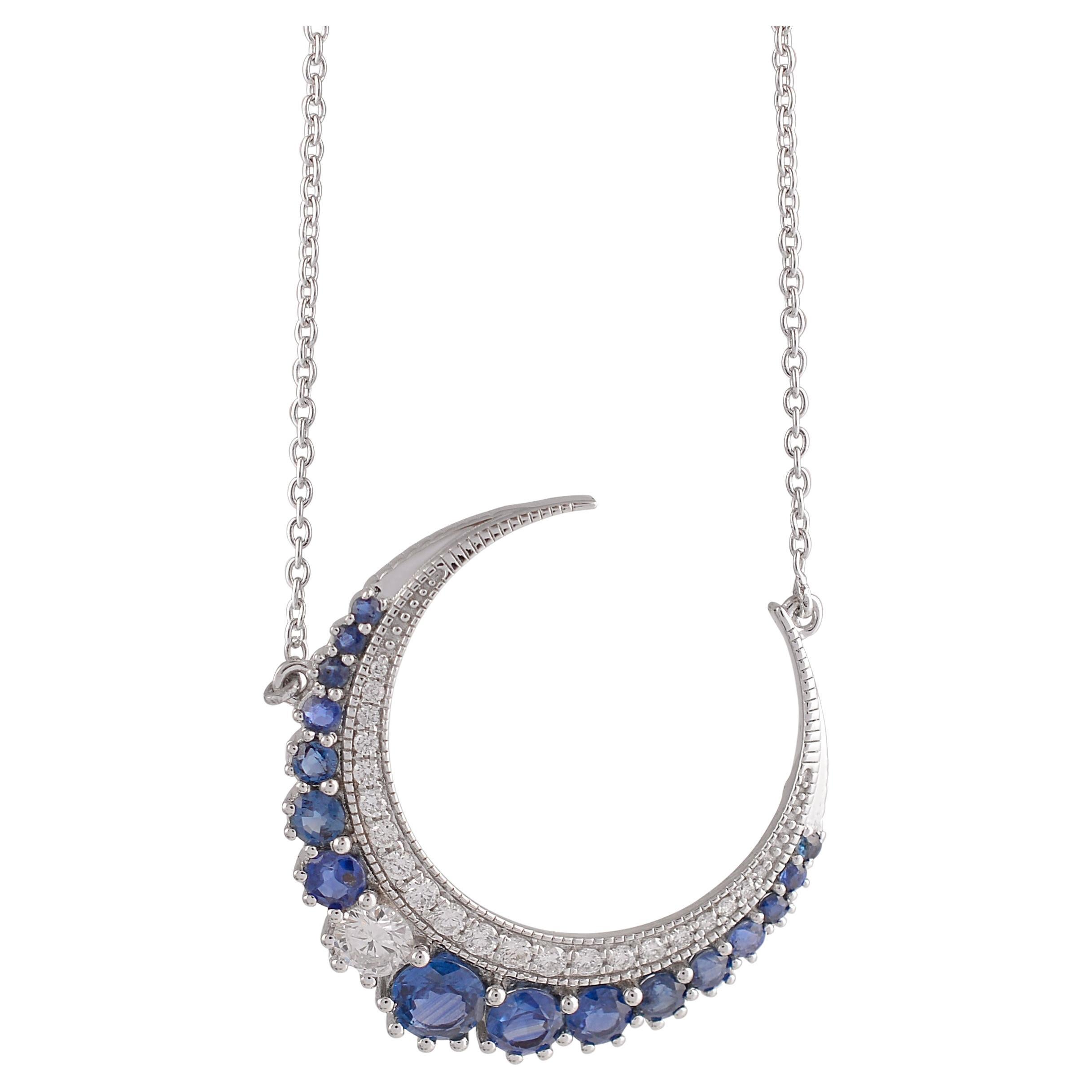 Blue Sapphire Crescent Moon Pendant Necklace Diamond 14 Karat White Gold Jewelry For Sale