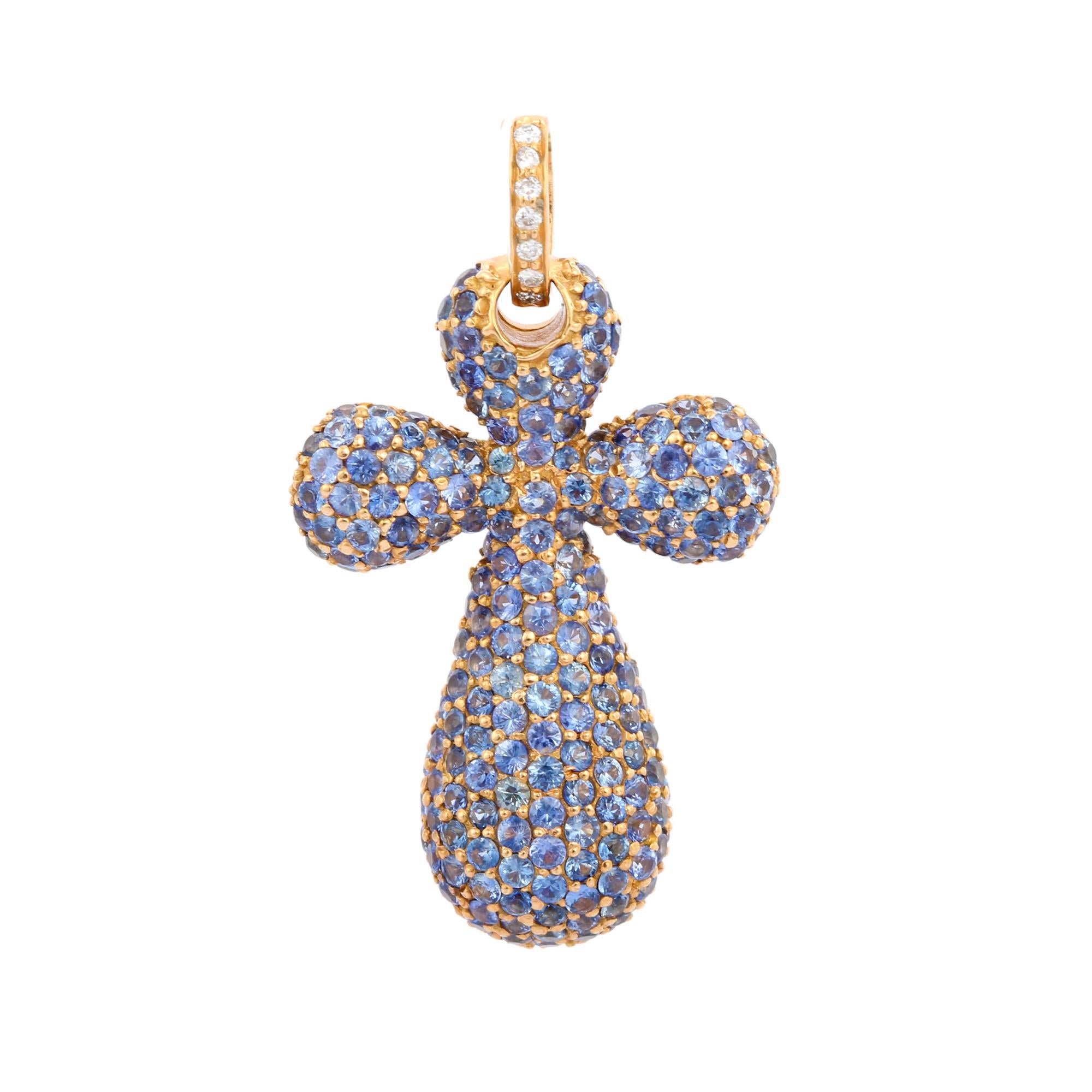 Art Deco Blue Sapphire Cross Pendant in 18K Yellow Gold with Diamonds For Sale