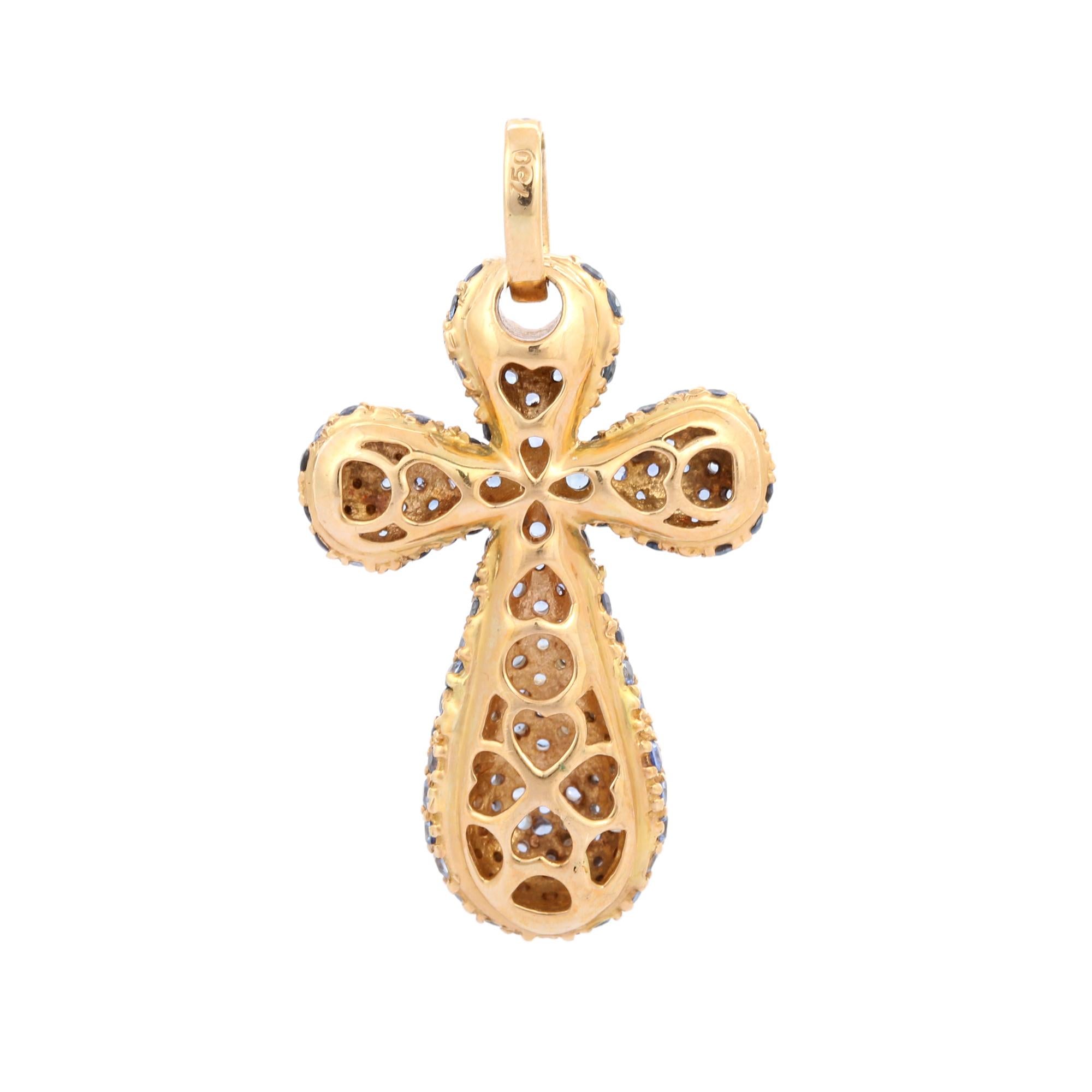 Round Cut Blue Sapphire Cross Pendant in 18K Yellow Gold with Diamonds For Sale