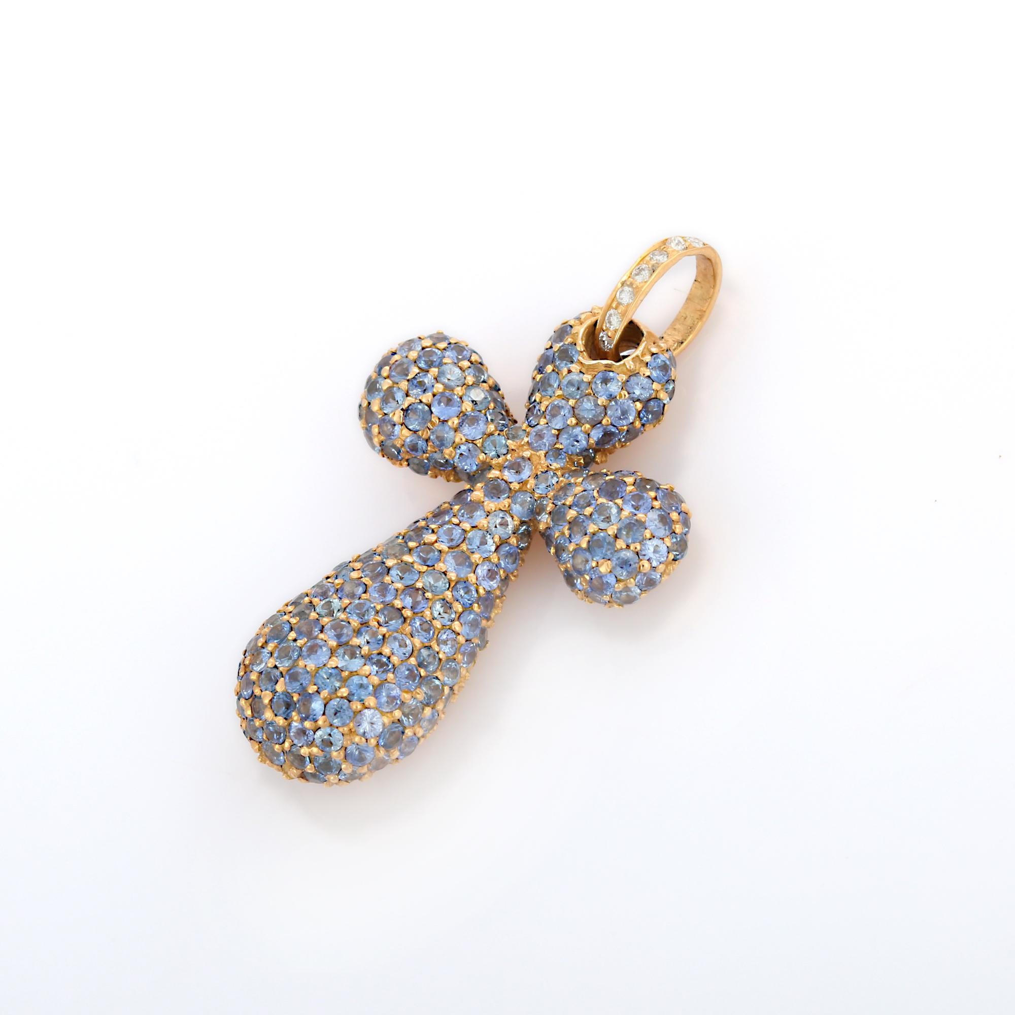 Blue Sapphire Cross Pendant in 18K Yellow Gold with Diamonds In New Condition For Sale In Houston, TX