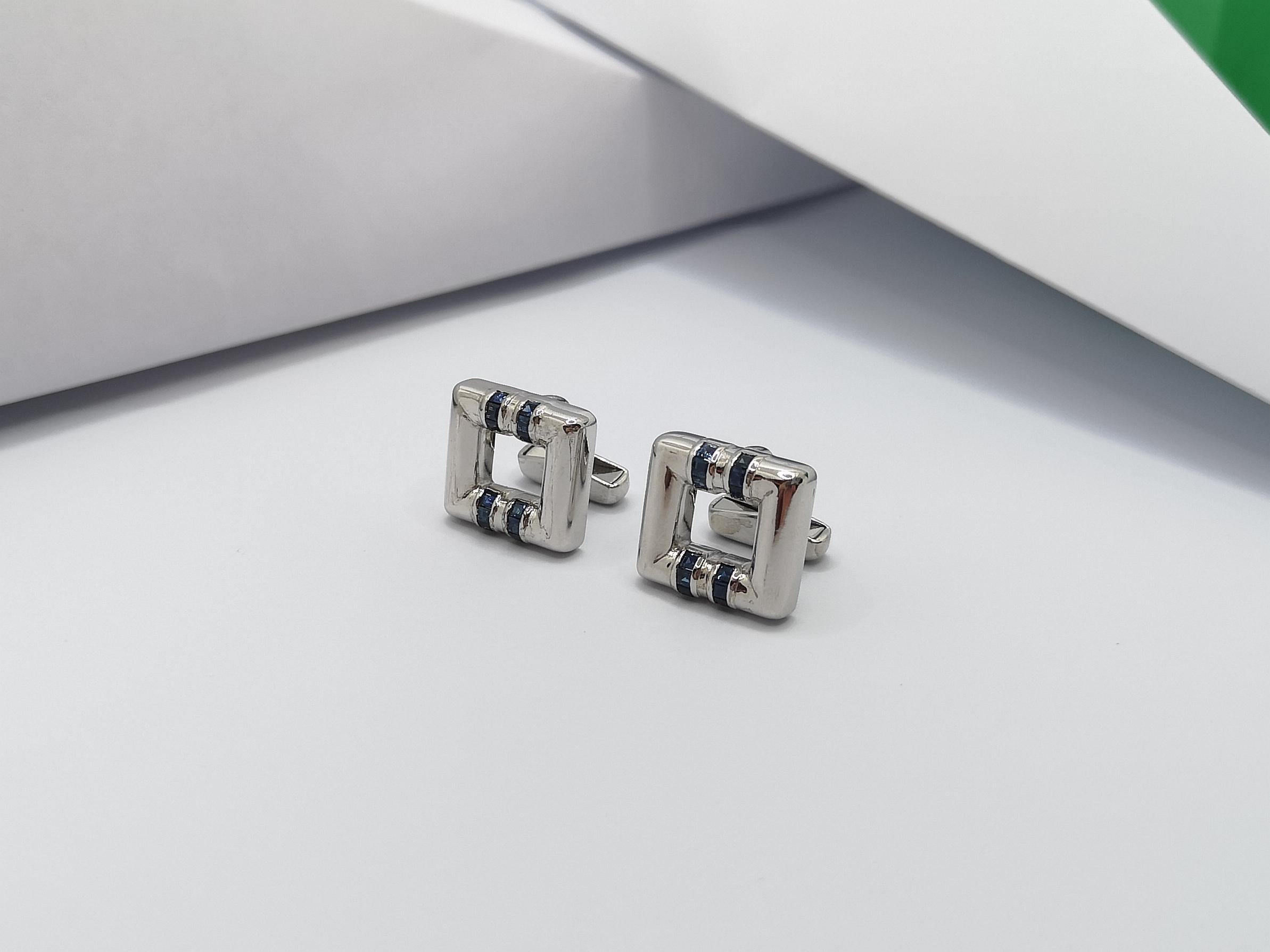Contemporary Blue Sapphire Cufflink Set in 18 Karat White Gold Settings For Sale