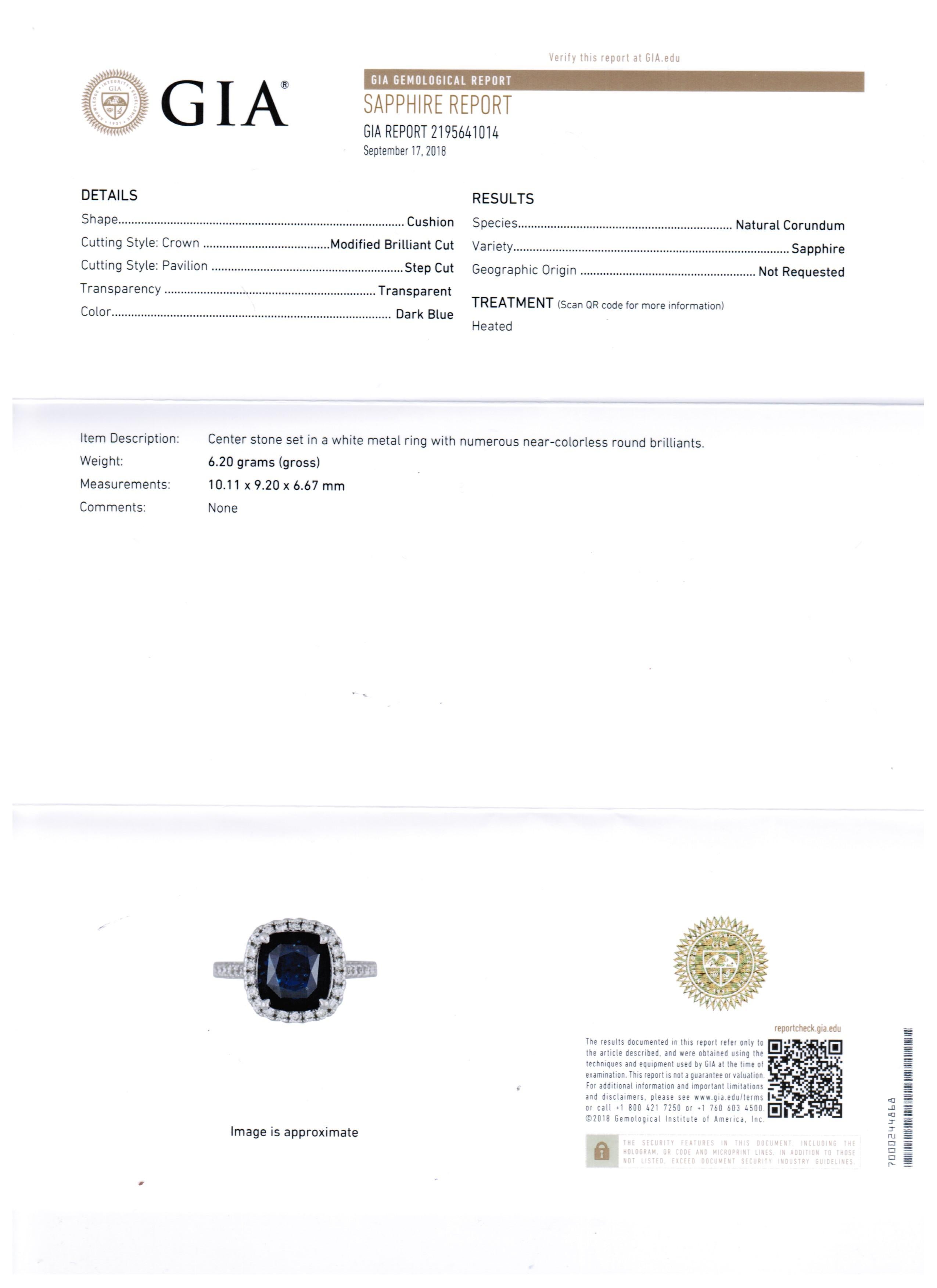 GIA Certified Sapphire Cushion 6.62 Carat Diamond Halo Gold Bridal Fashion Ring 2