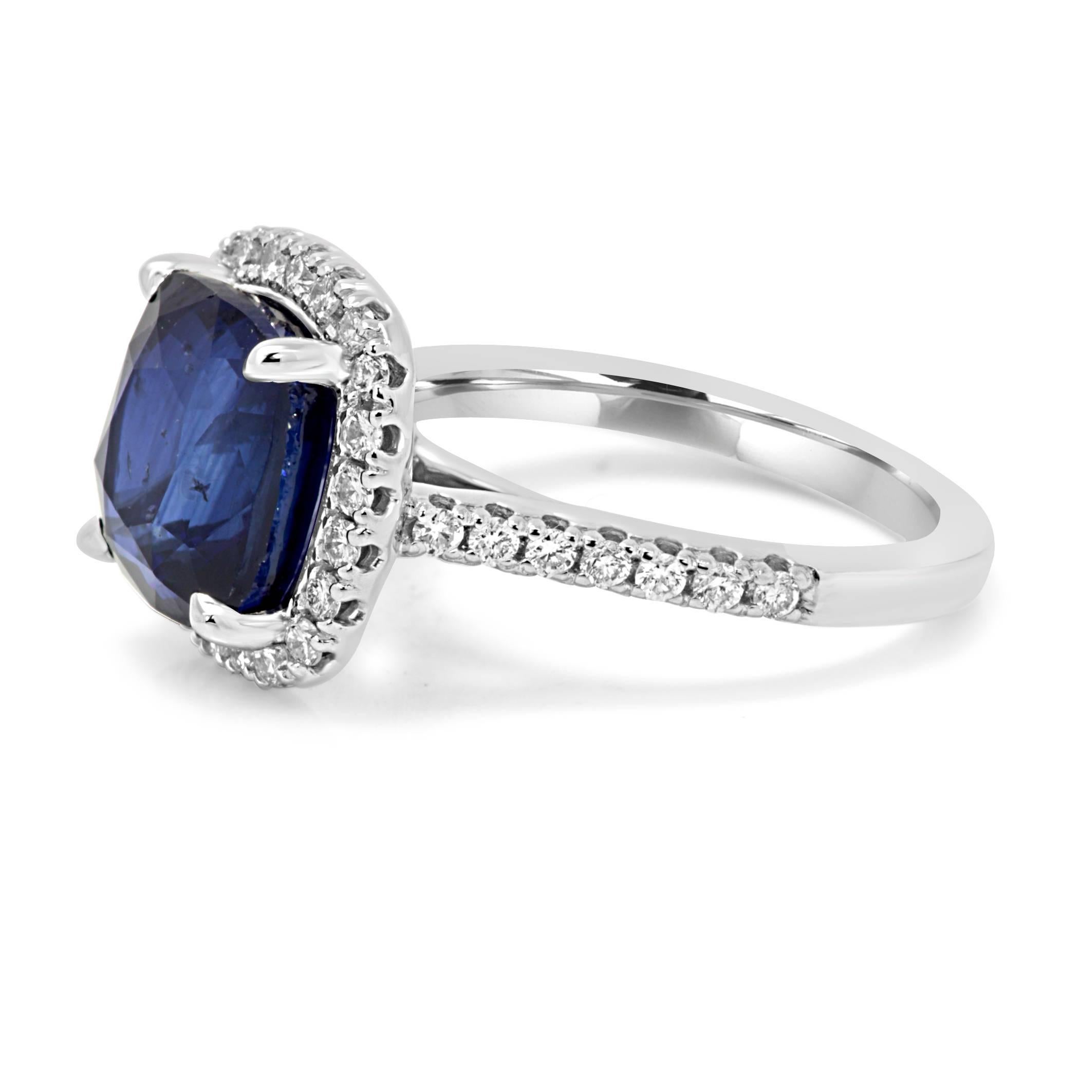 Modern GIA Certified Sapphire Cushion 6.62 Carat Diamond Halo Gold Bridal Fashion Ring