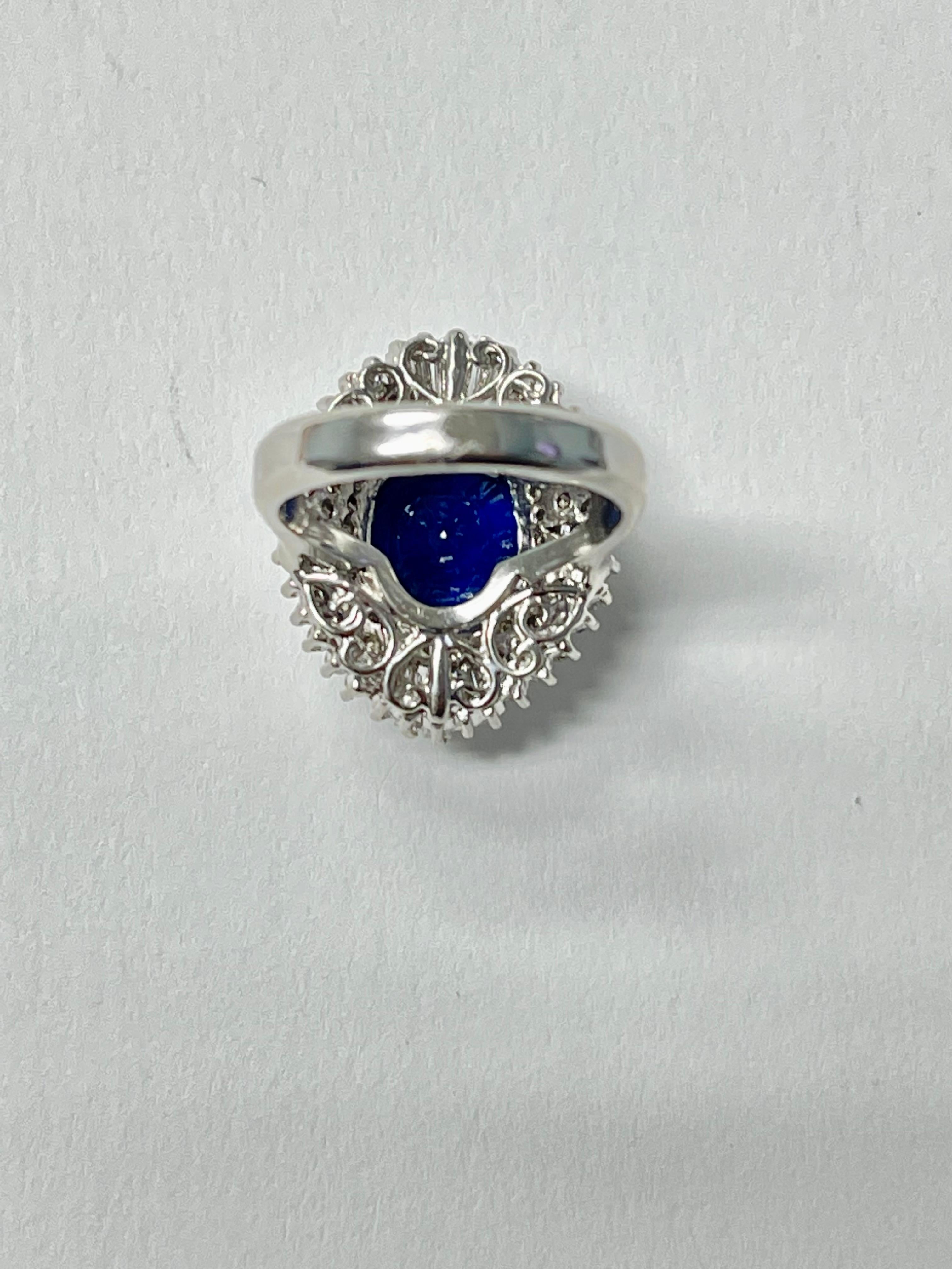 Blue Sapphire Cushion and Diamond Engagement Ring in Platinum In Excellent Condition For Sale In New York, NY