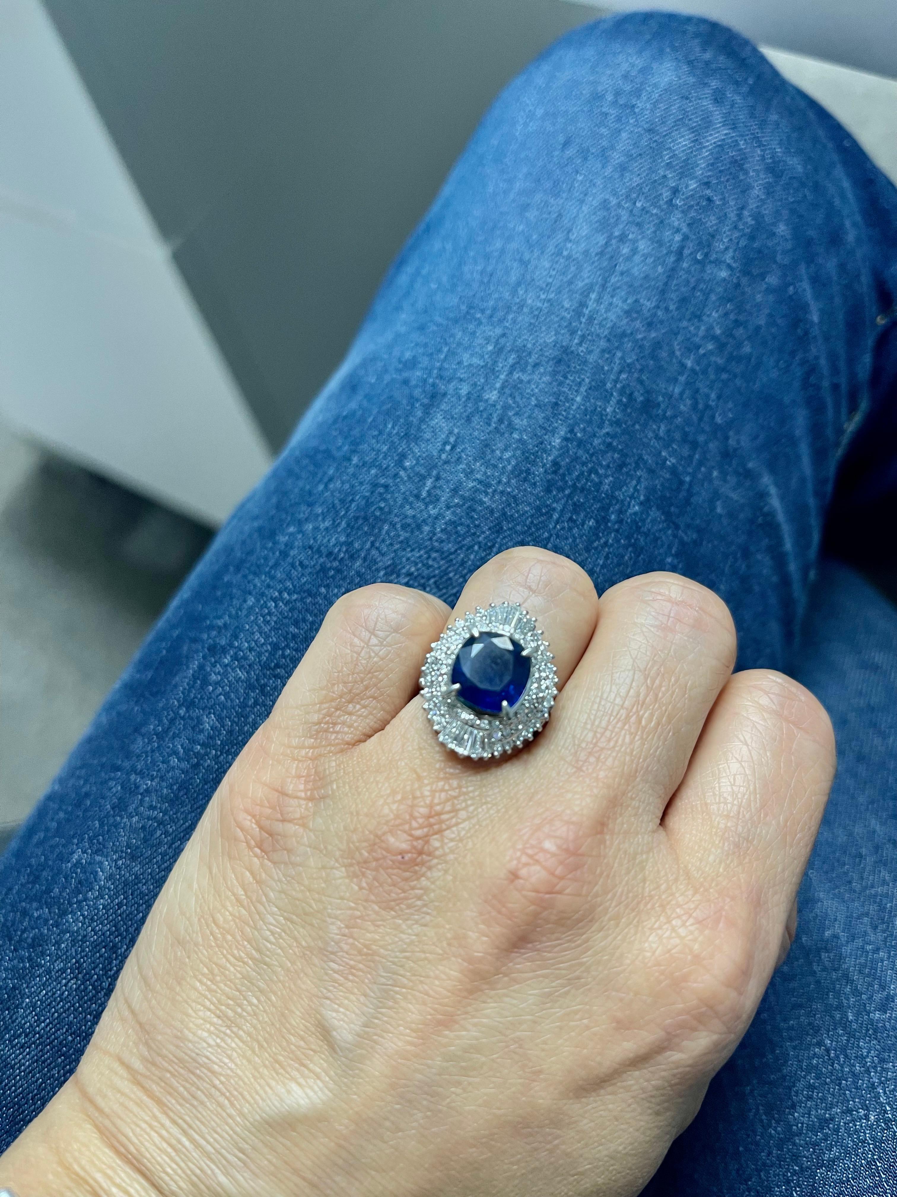 Women's Blue Sapphire Cushion and Diamond Engagement Ring in Platinum For Sale