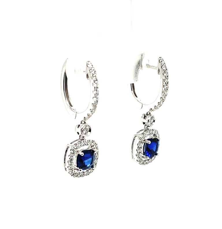Blue Sapphire Cushion and Diamond Halo Dangling Drop White Gold