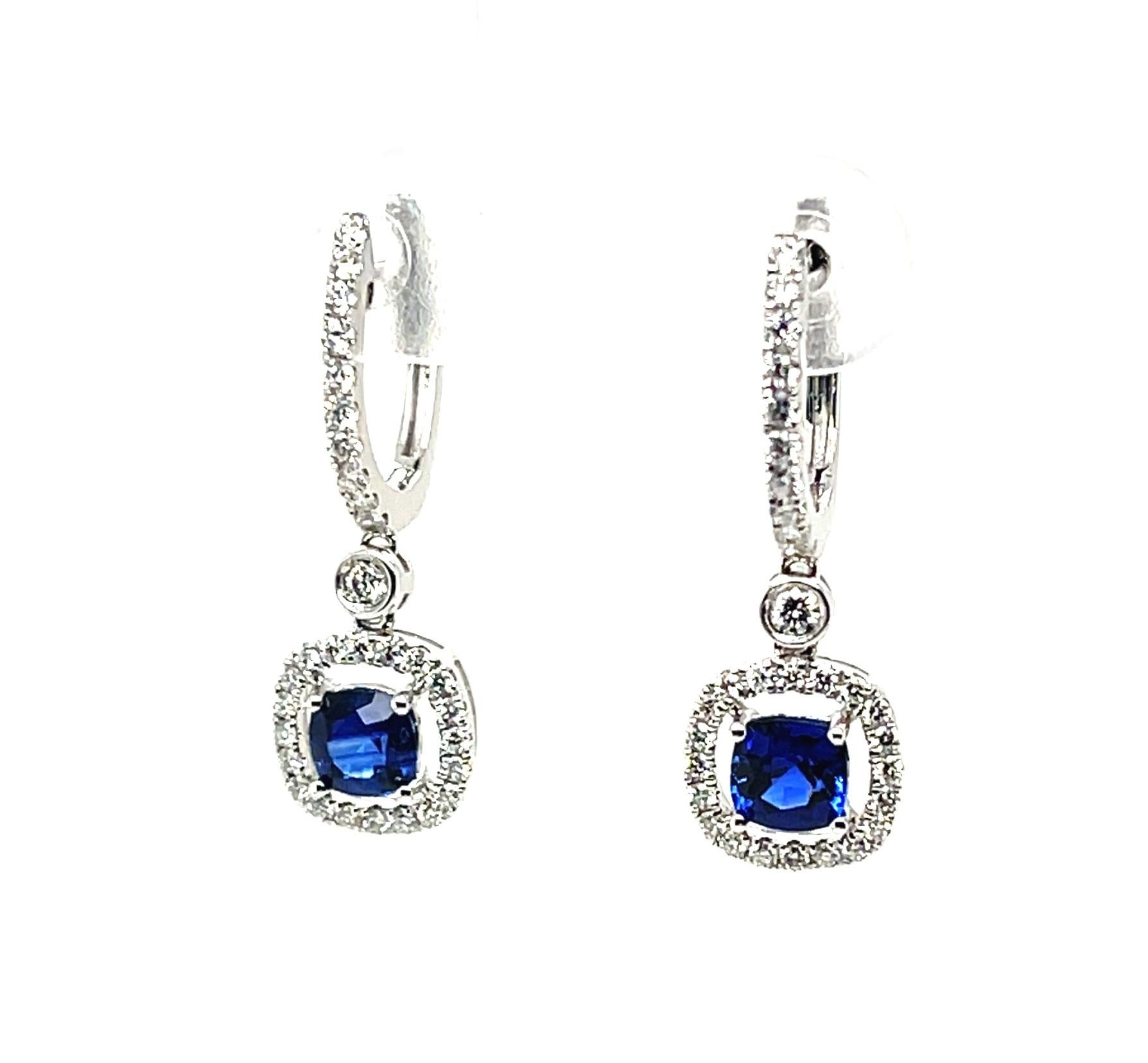 Women's Blue Sapphire and Diamond Halo Dangling Drop Earrings in White Gold