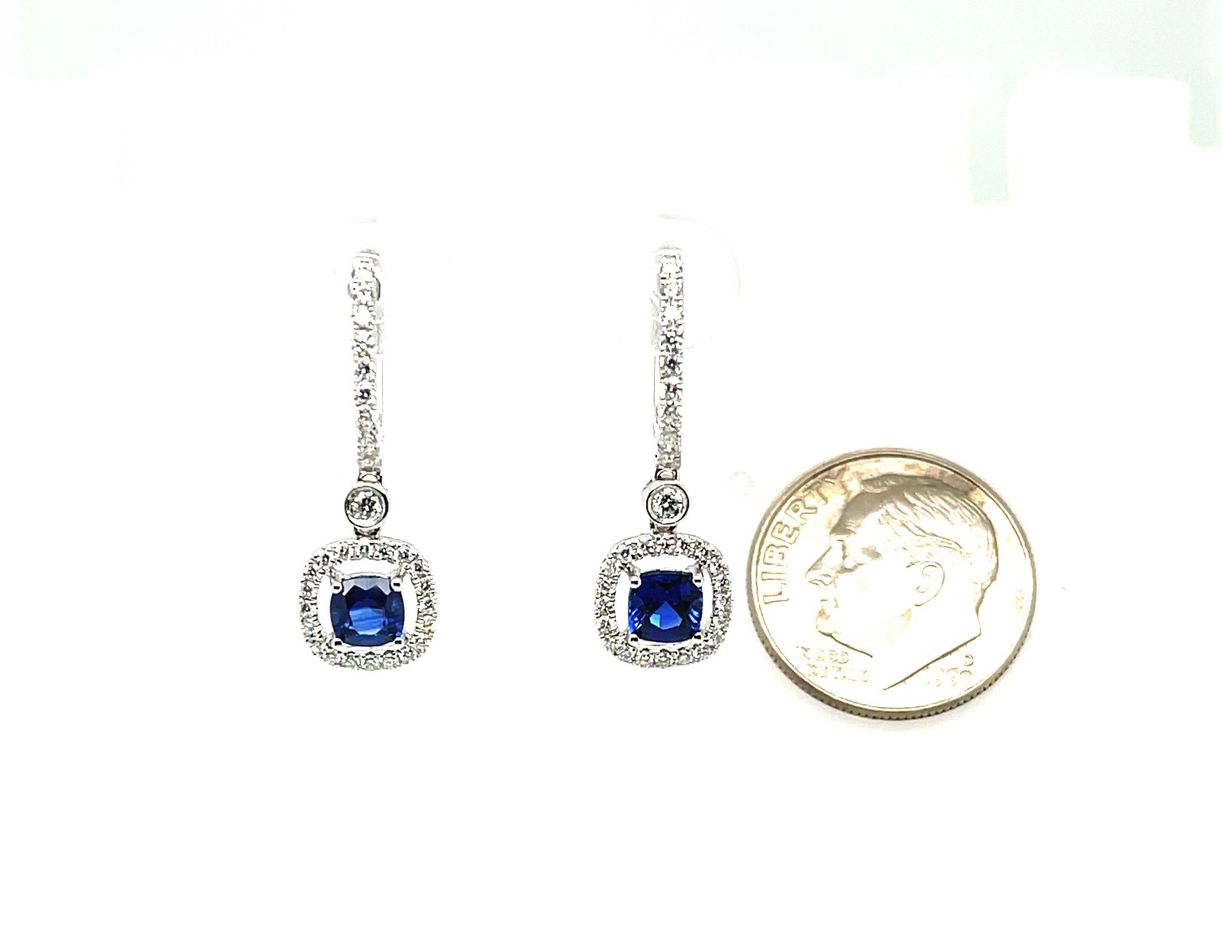 Blue Sapphire and Diamond Halo Dangling Drop Earrings in White Gold 1