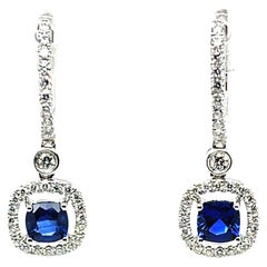 Blue Sapphire Cushion and Diamond Halo Dangling Drop White Gold Earrings