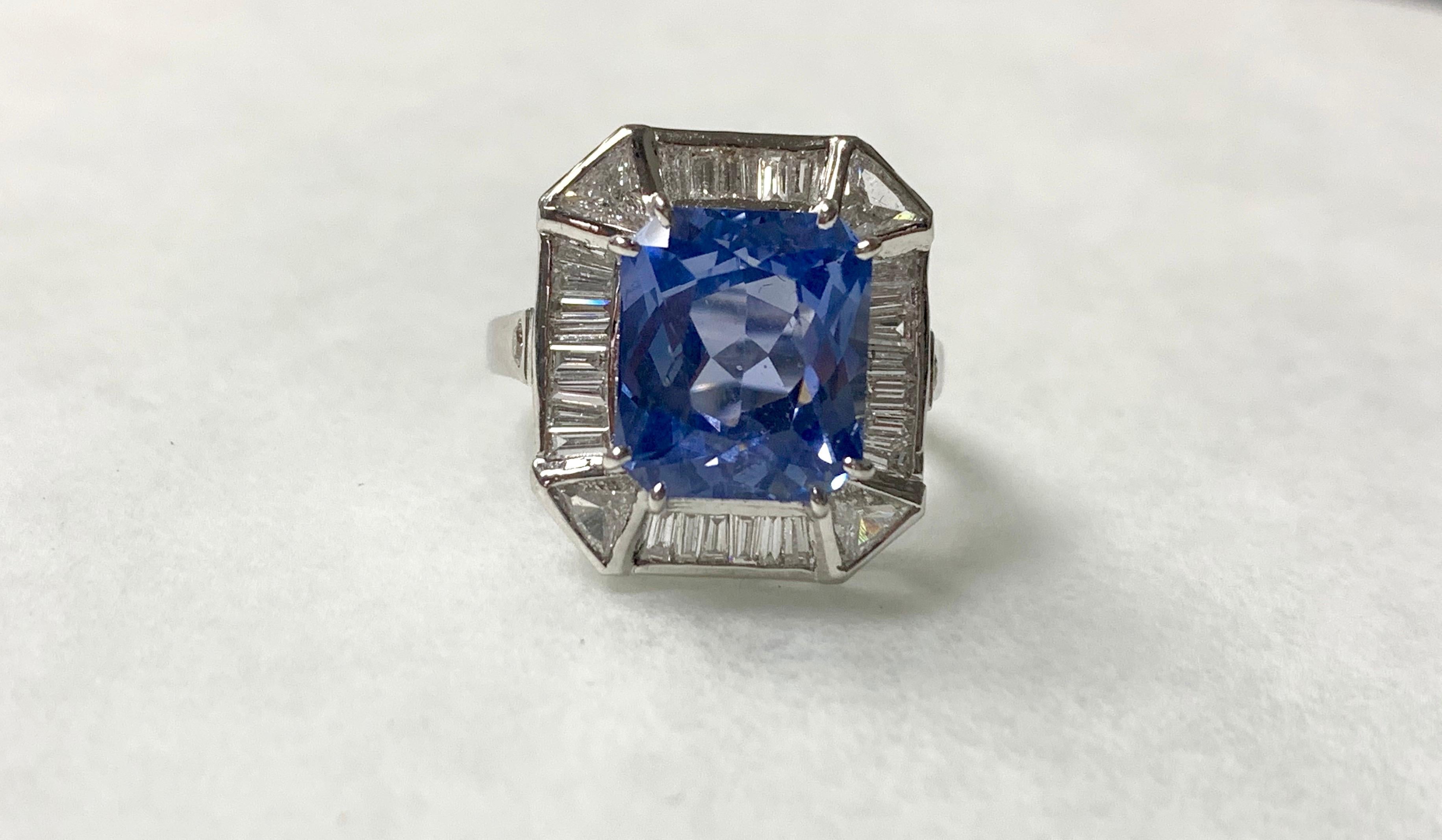 Contemporary Blue Sapphire Cushion Cut and Diamond Engagement Ring in 18 Karat White Gold