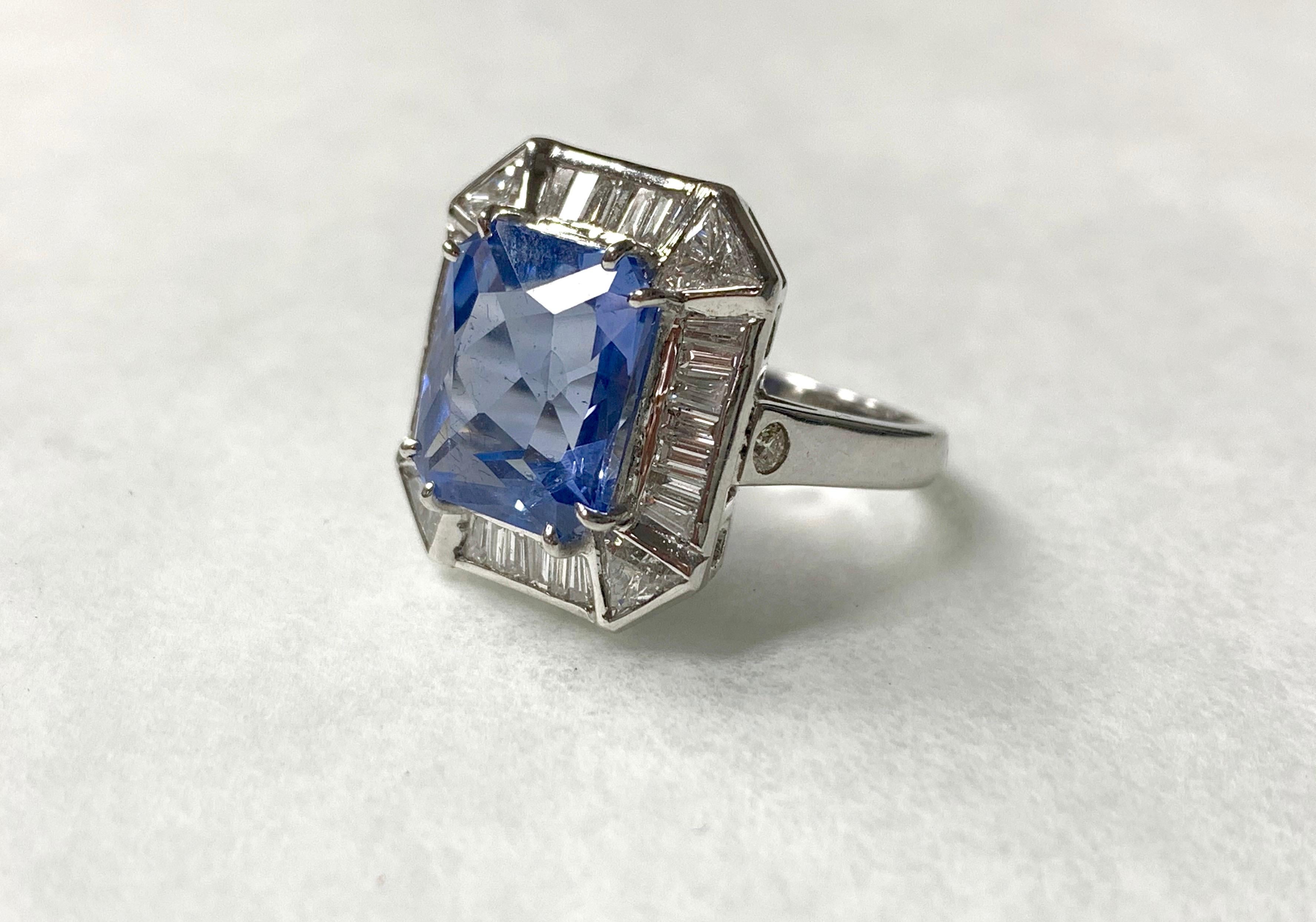 Blue Sapphire Cushion Cut and Diamond Engagement Ring in 18 Karat White Gold In New Condition In New York, NY