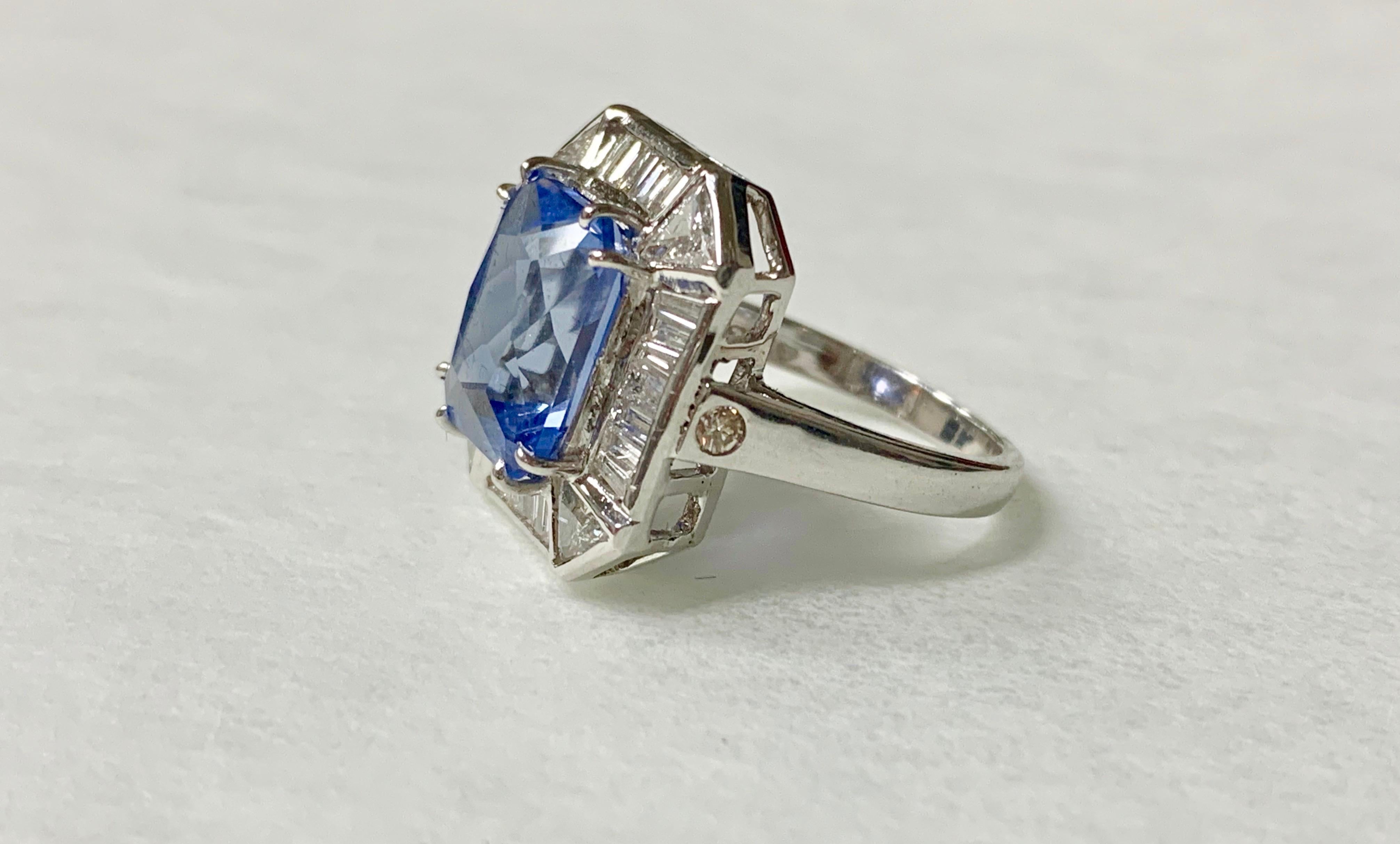 Women's or Men's Blue Sapphire Cushion Cut and Diamond Engagement Ring in 18 Karat White Gold