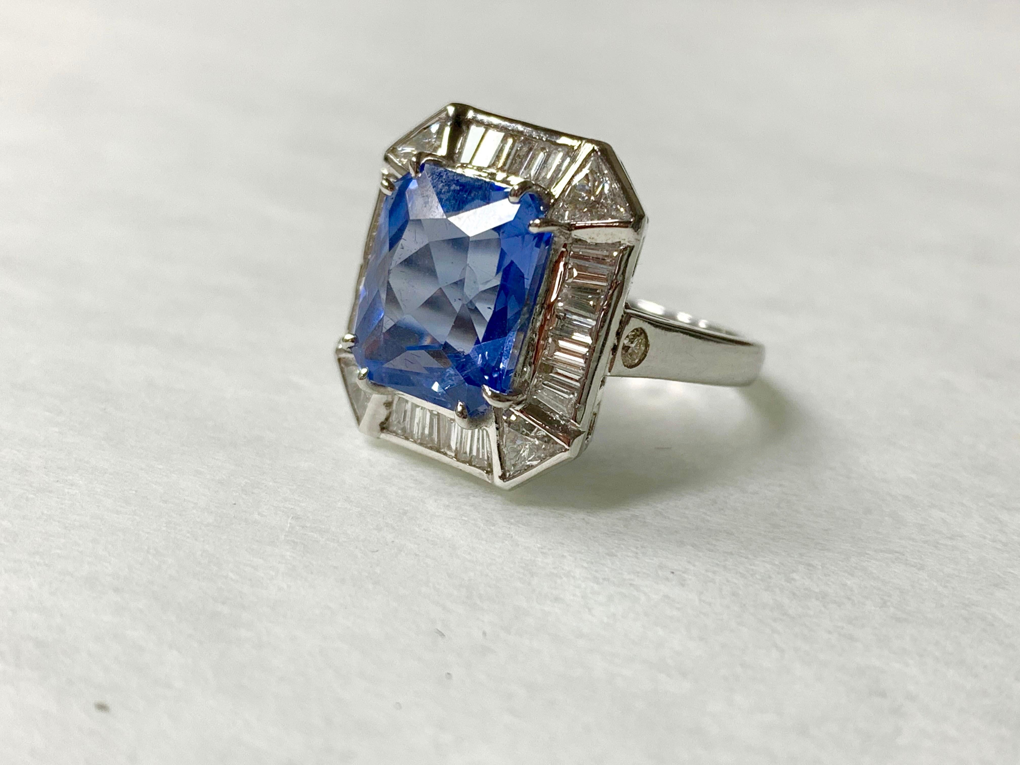 Blue Sapphire Cushion Cut and Diamond Engagement Ring in 18 Karat White Gold 1