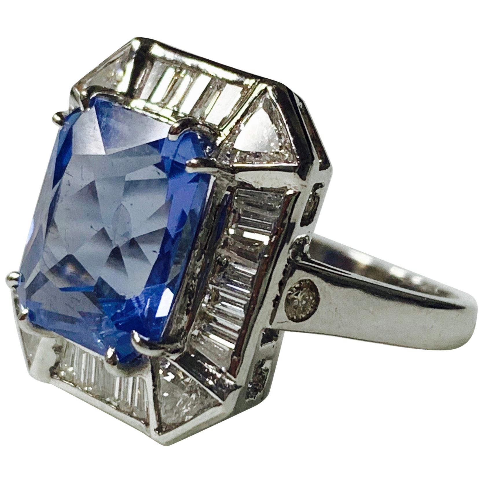 Blue Sapphire Cushion Cut and Diamond Engagement Ring in 18 Karat White Gold