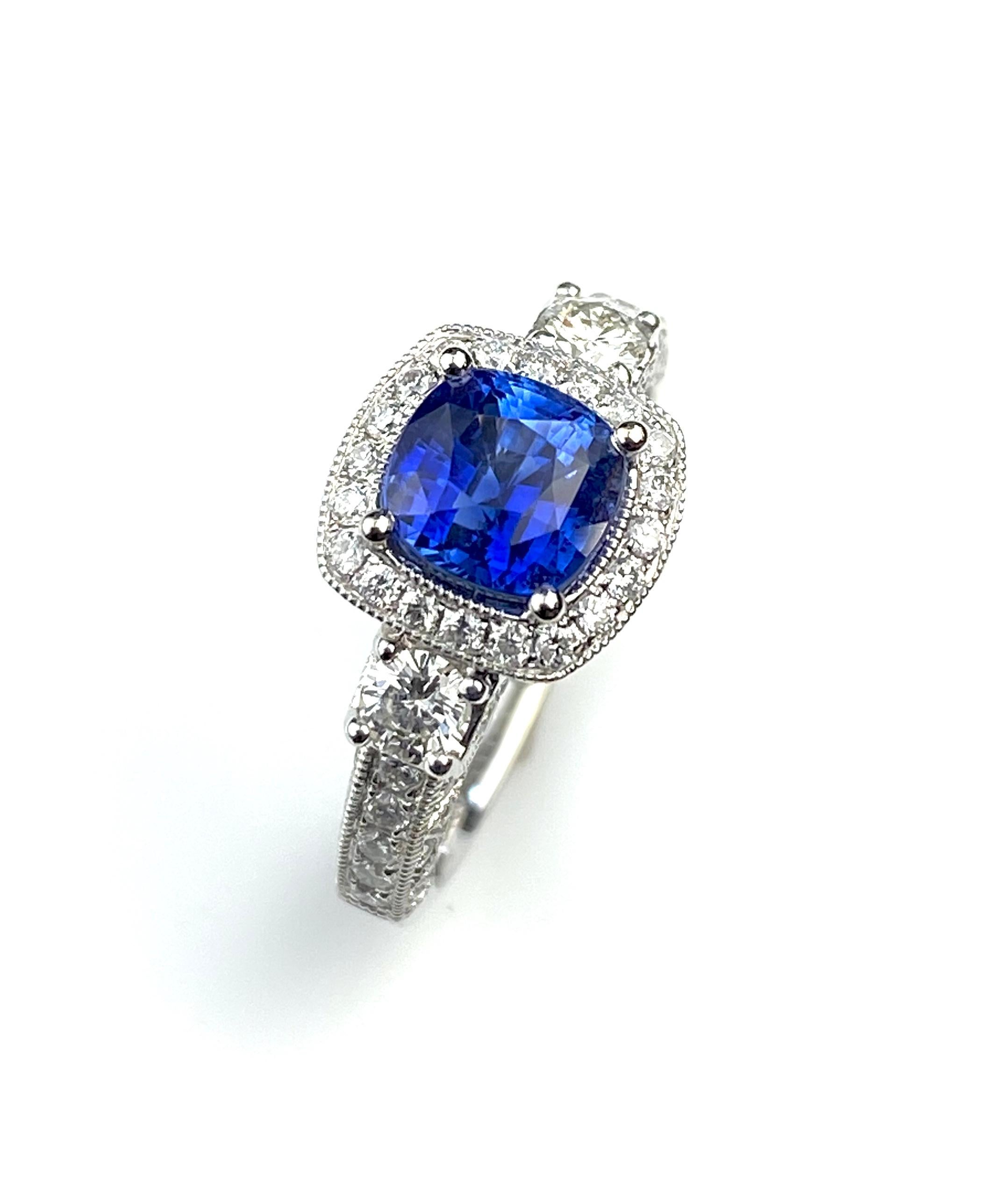 Blue Sapphire Cushion Cut Antique Style Ring with White Diamond Details In New Condition For Sale In Toronto, Ontario