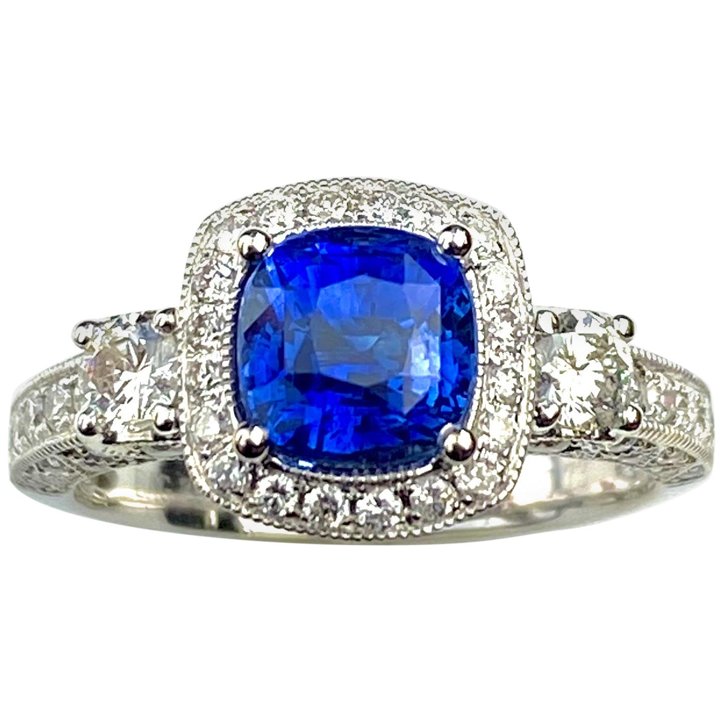 Blue Sapphire Cushion Cut Antique Style Ring with White Diamond Details For Sale