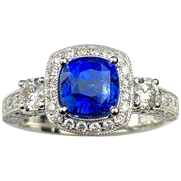 Blue Sapphire Cushion Cut Antique Style Ring with White Diamond Details
