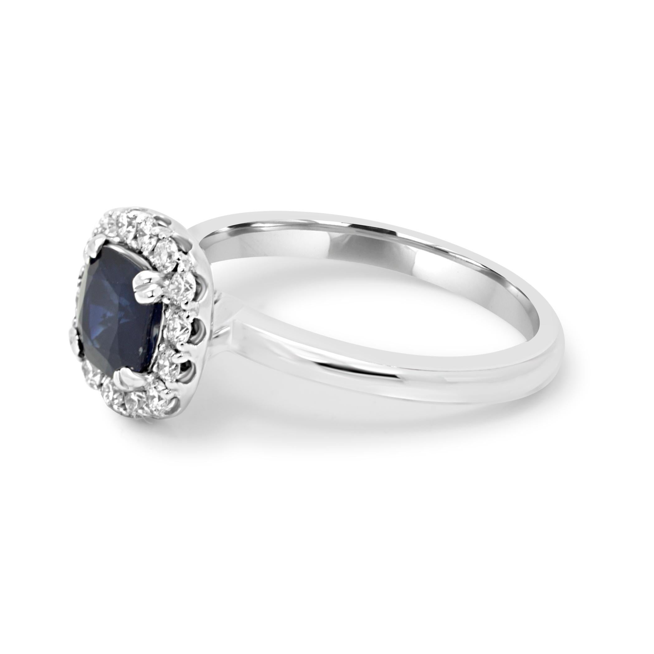 Contemporary Blue Sapphire Cushion White Diamond Halo 14K Gold Bridal Fashion Cocktail Ring