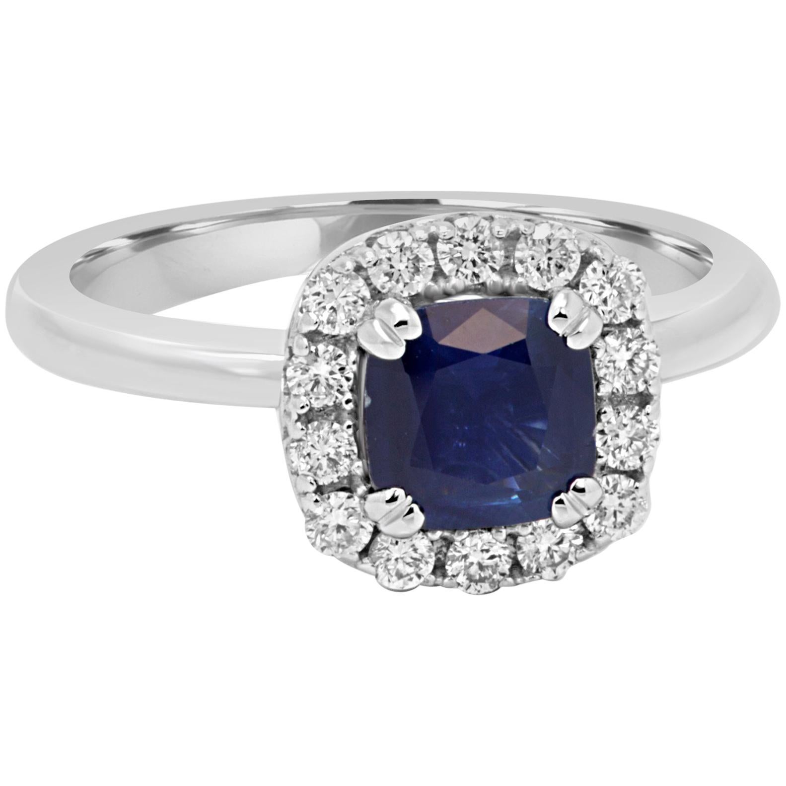 Blue Sapphire Cushion White Diamond Halo 14K Gold Bridal Fashion Cocktail Ring