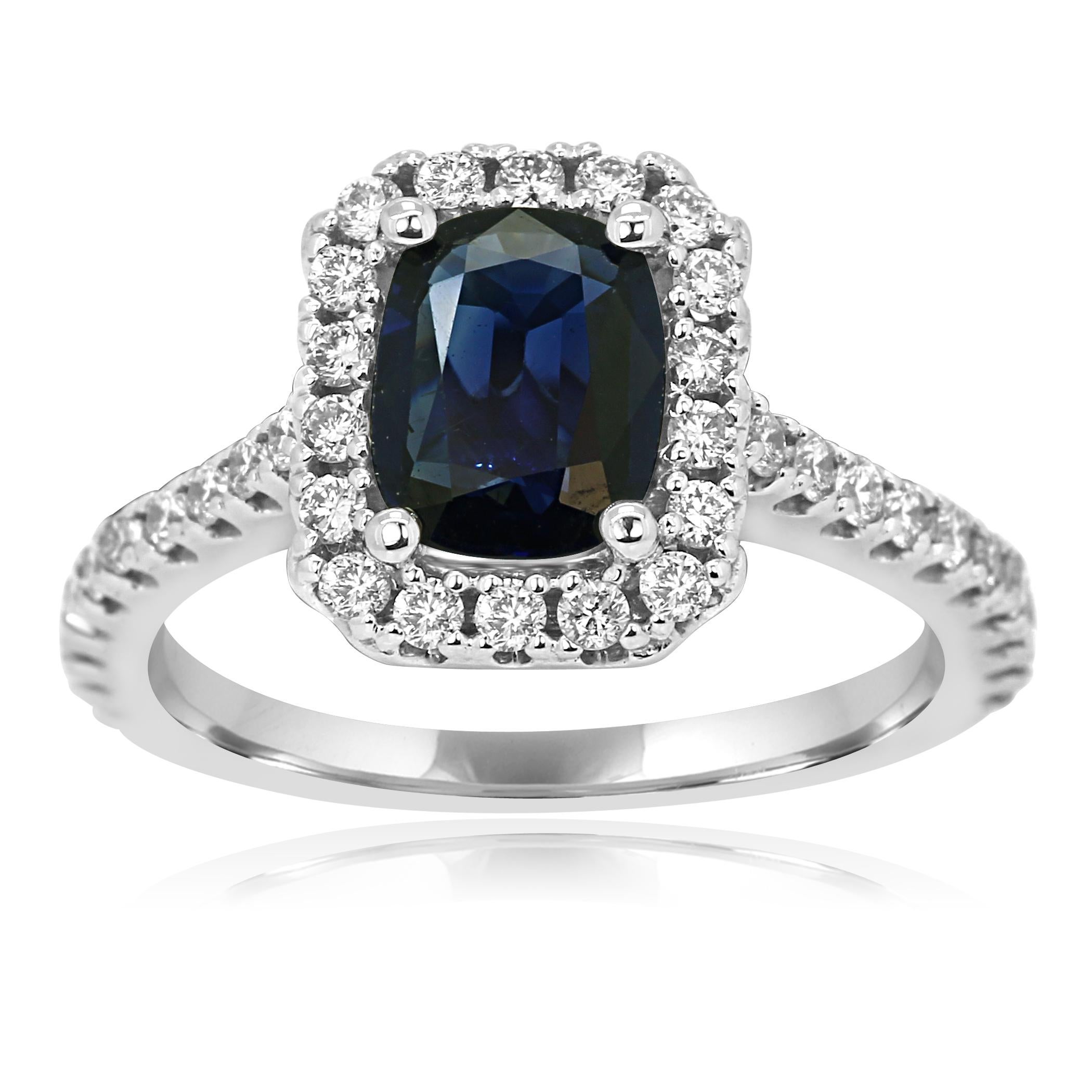 Blue Sapphire Cushion 1.27 Carat encircled in a single Halo of White Round Diamond 0.50 Carat Set in Classic 14K White Gold Bridal Cocktail Ring.
MADE IN USA

Style available in different price ranges. Prices are based on your selection of 4C's Cut,
