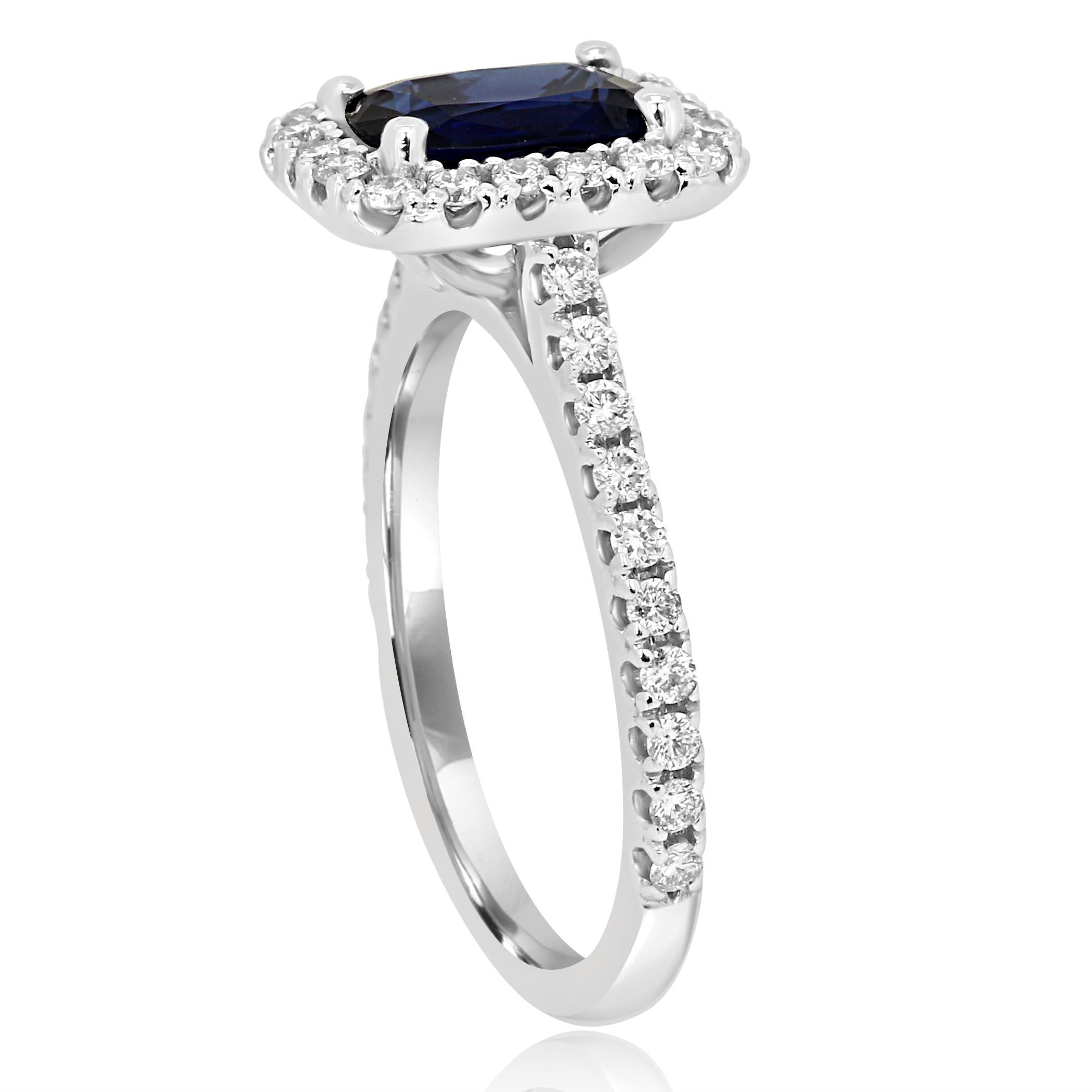 Blue Sapphire Cushion Diamond Round Halo Gold Bridal Cocktail Ring In New Condition In NEW YORK, NY