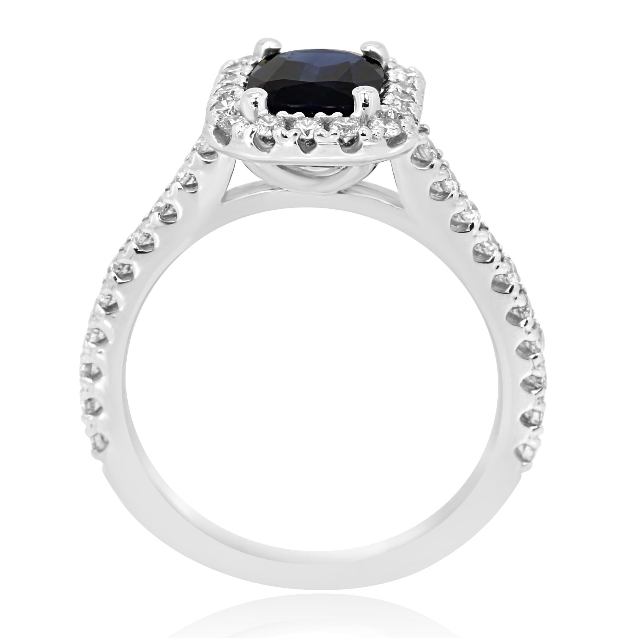 Women's or Men's Blue Sapphire Cushion Diamond Round Halo Gold Bridal Cocktail Ring