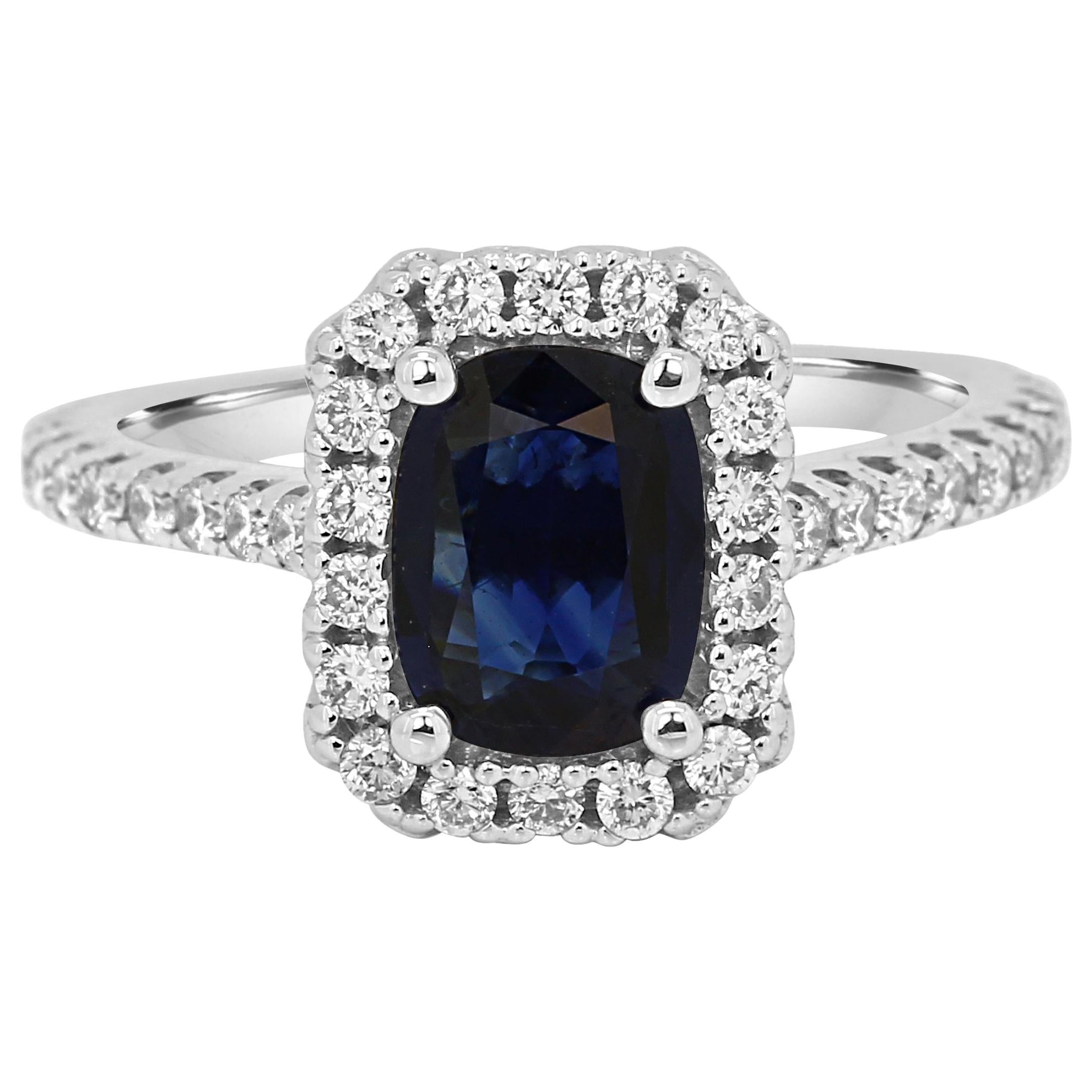 Blue Sapphire Cushion Diamond Round Halo Gold Bridal Cocktail Ring