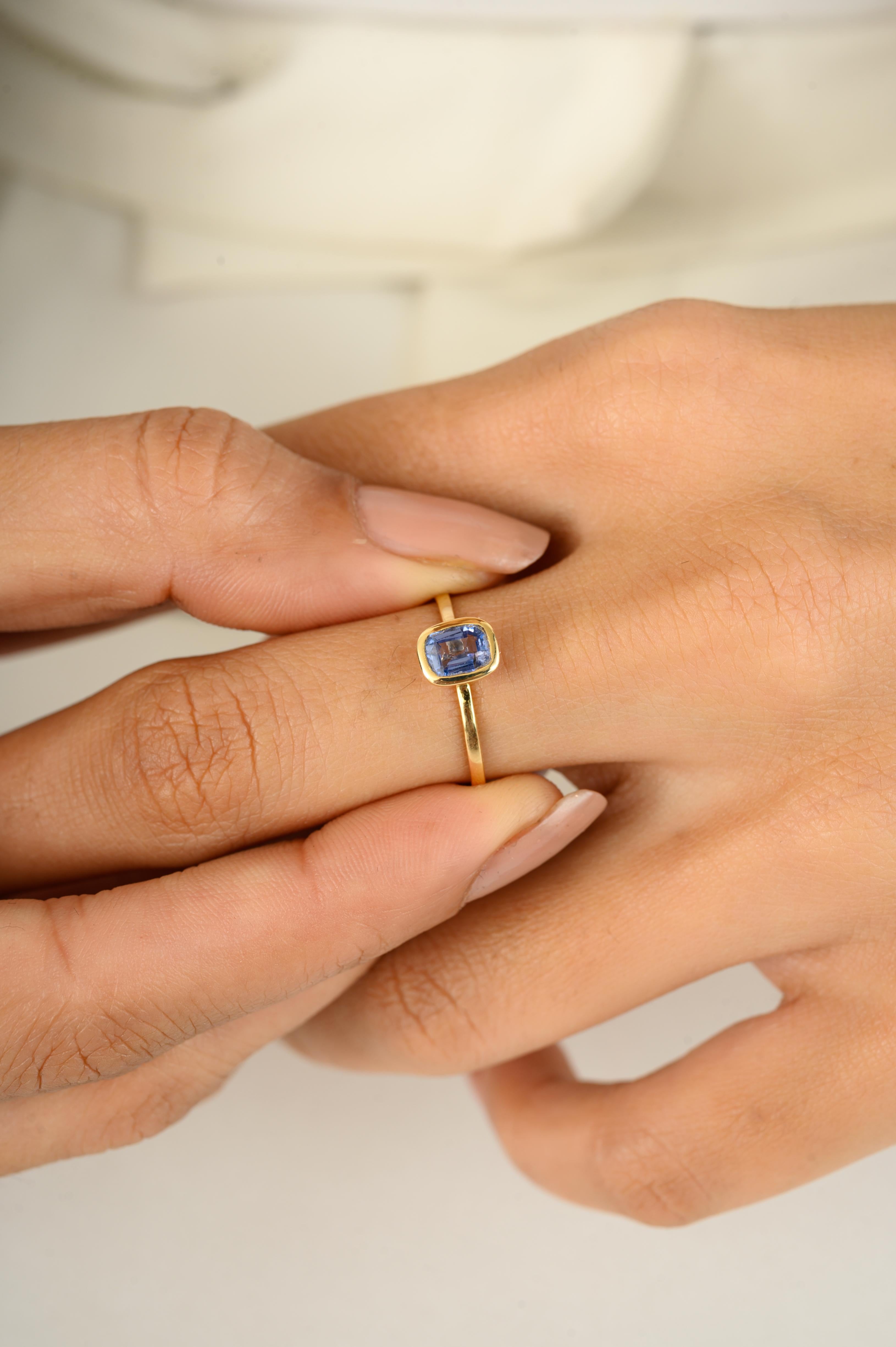 For Sale:  Blue Sapphire Dainty Simple Octagon Minimalist Stacking Ring in 14k Yellow Gold 2