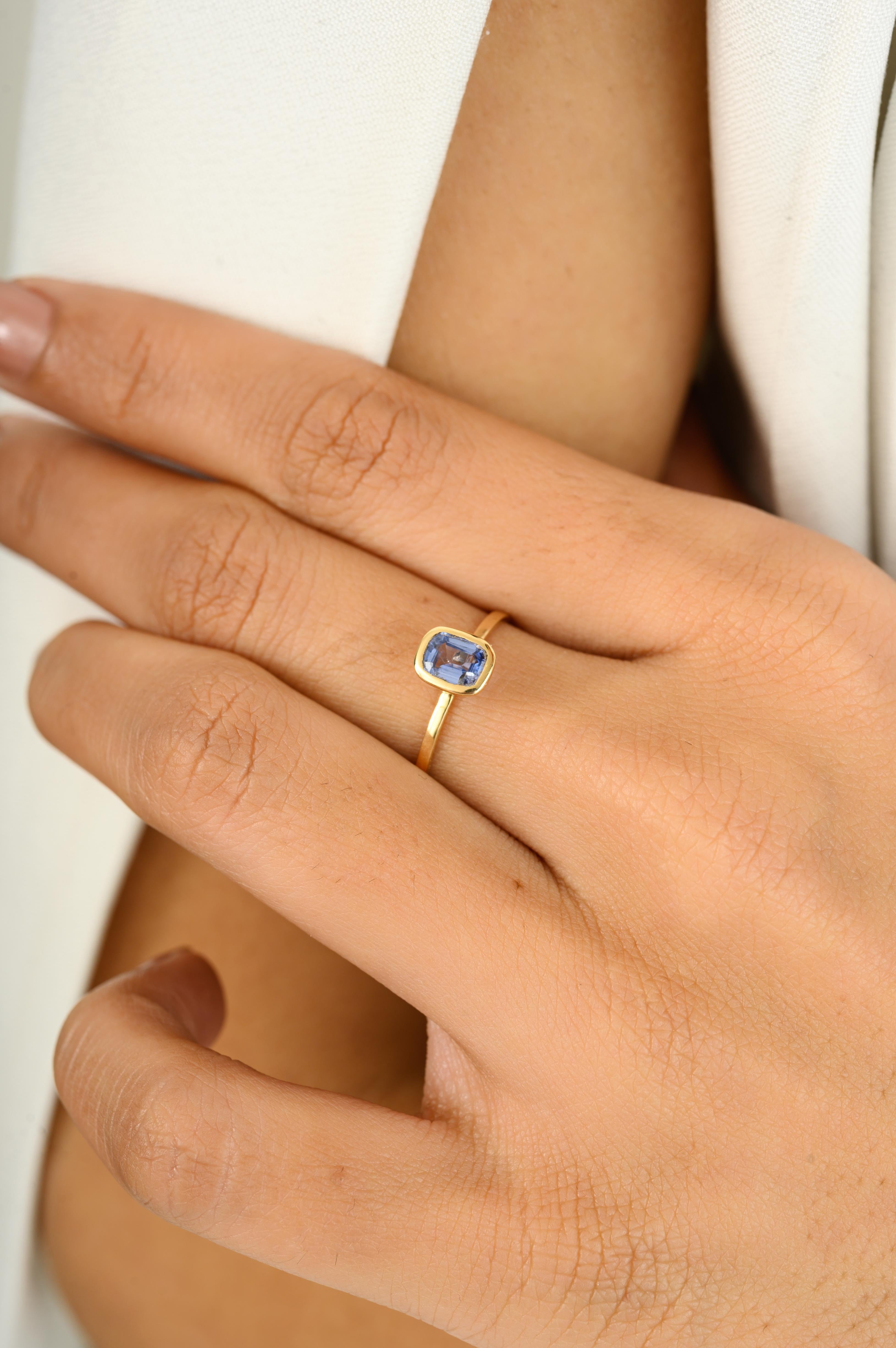 For Sale:  Blue Sapphire Dainty Simple Octagon Minimalist Stacking Ring in 14k Yellow Gold 4