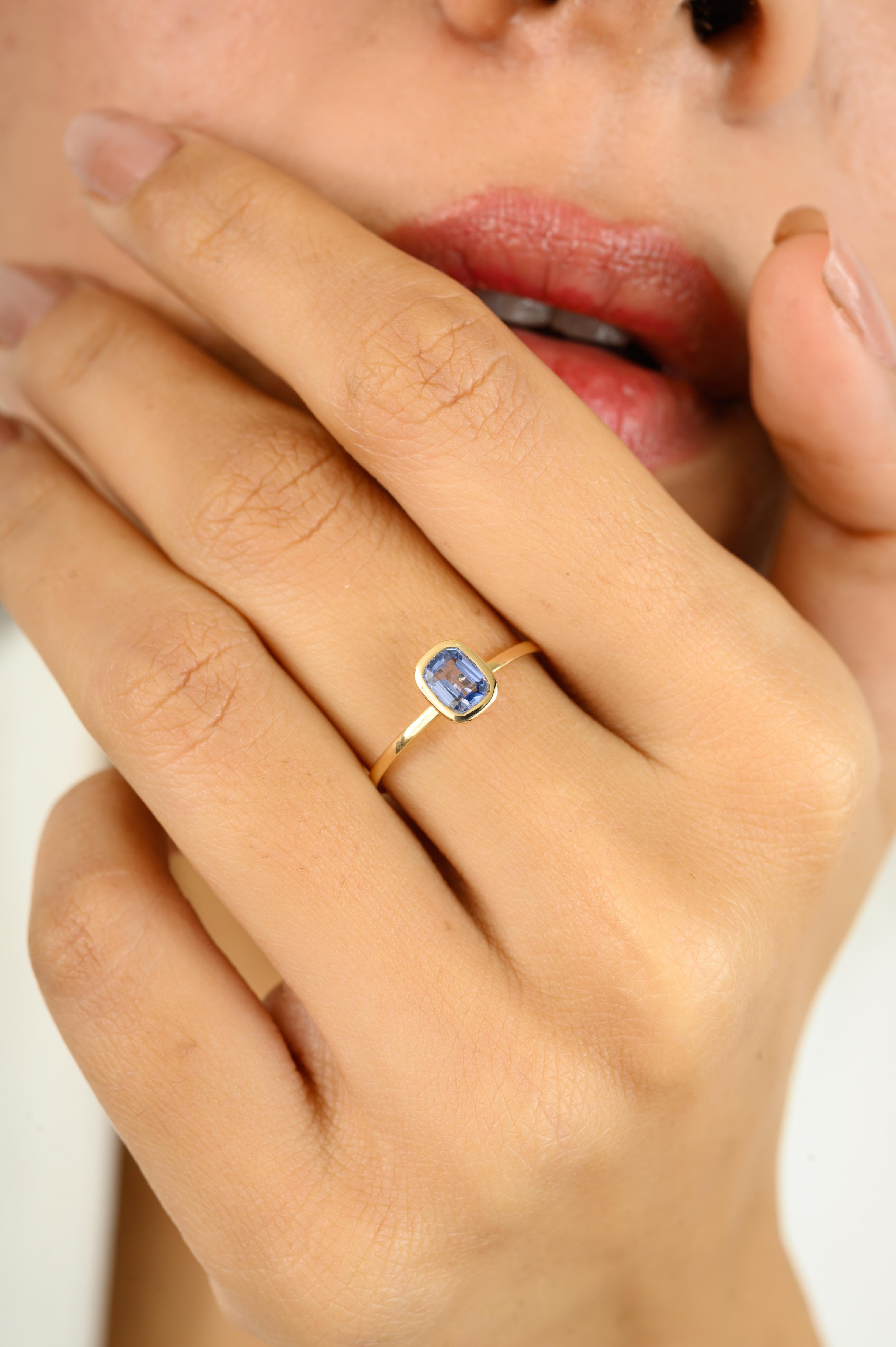 For Sale:  Blue Sapphire Dainty Simple Octagon Minimalist Stacking Ring in 14k Yellow Gold 6