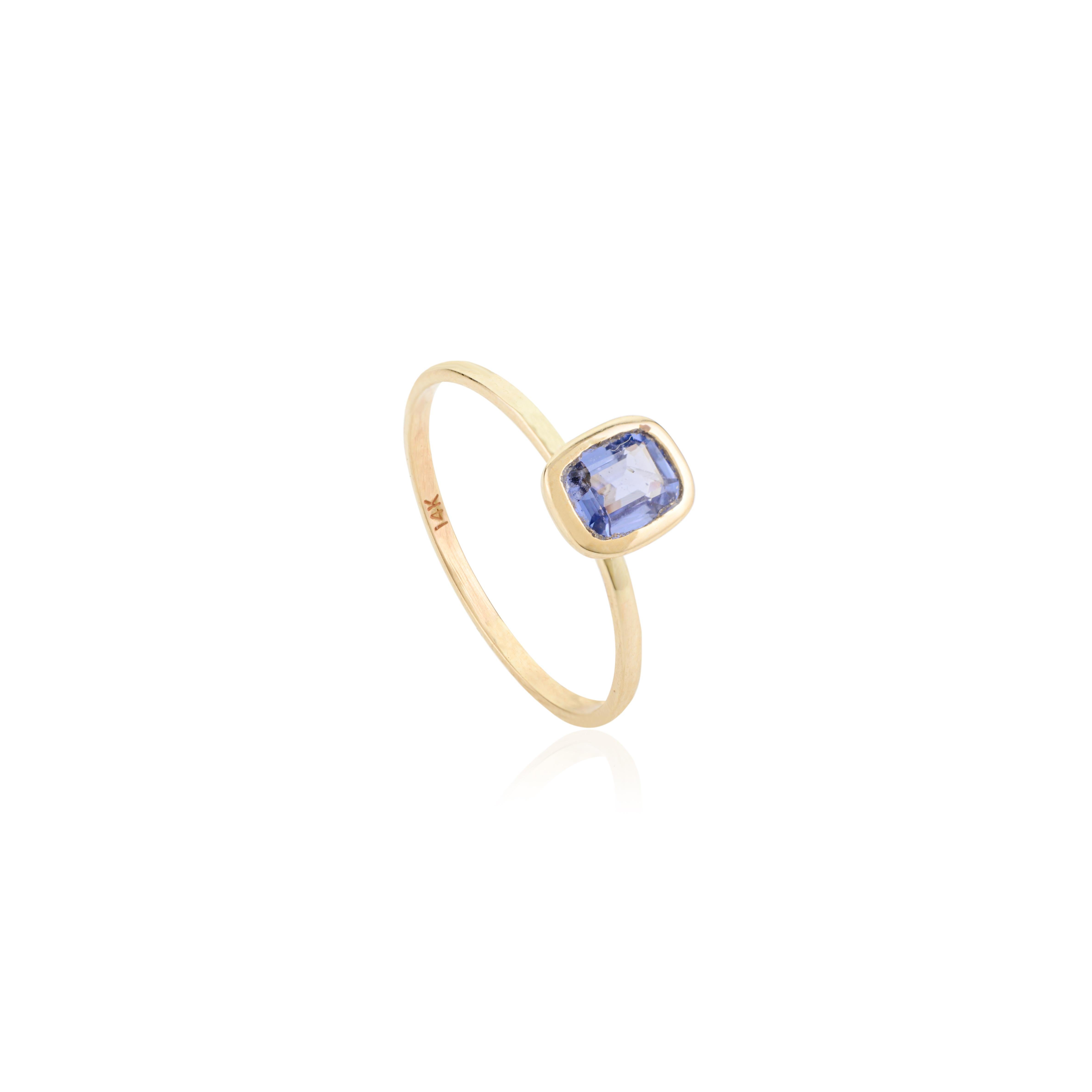For Sale:  Blue Sapphire Dainty Simple Octagon Minimalist Stacking Ring in 14k Yellow Gold 7