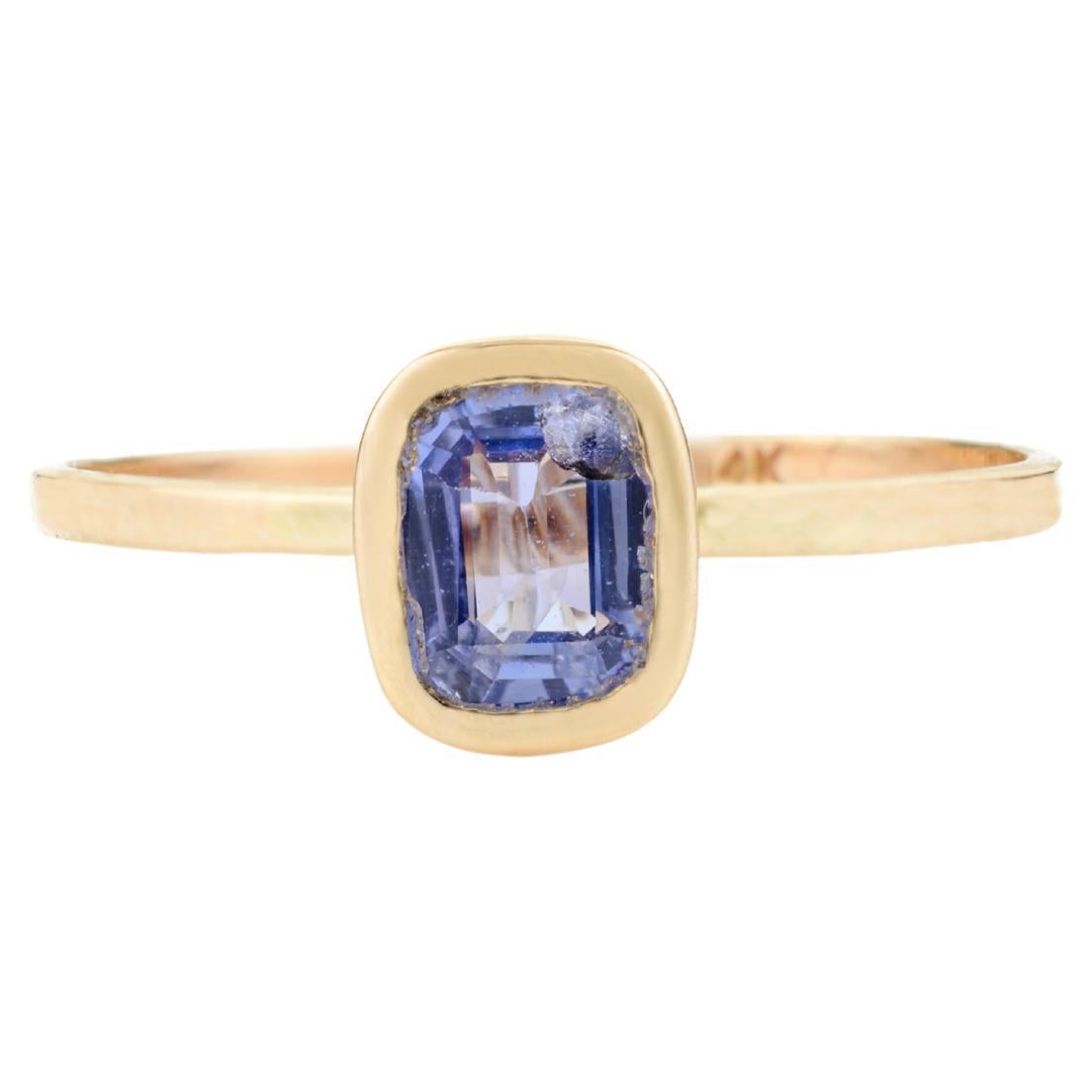 Blauer Saphir Zierlich Einfacher Achteckiger Minimalistischer Stapelring in 14k Gelbgold