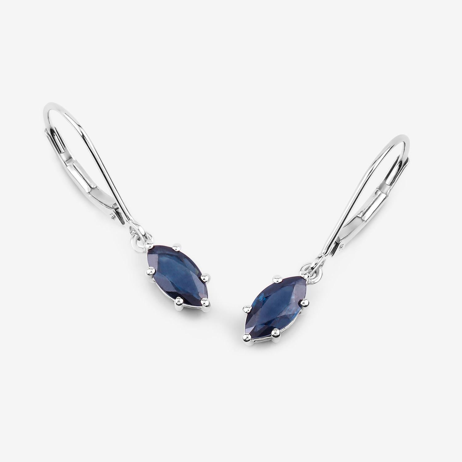 Taille Marquise Boucles d'oreilles pendantes saphir bleu 1.18 carats or blanc 10K en vente