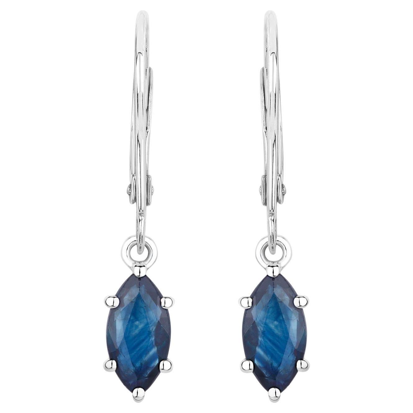 Blue Sapphire Dangle Earrings 1.18 Carats 10K White Gold